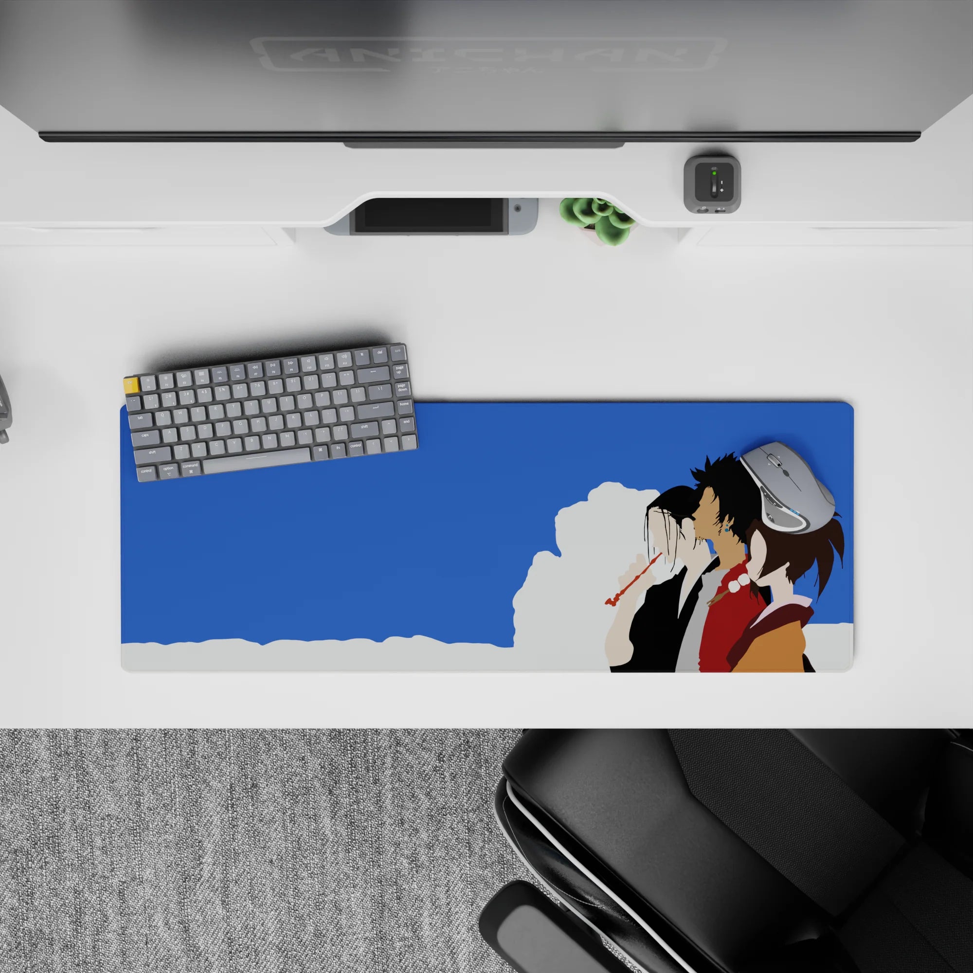 Samurai Champloo mouse pad 32x12 inches featuring Mugen, Jin, and Fuu under blue skies with soft clouds.