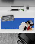 Samurai Champloo mouse pad 32x12 inches featuring Mugen, Jin, and Fuu under blue skies with soft clouds.