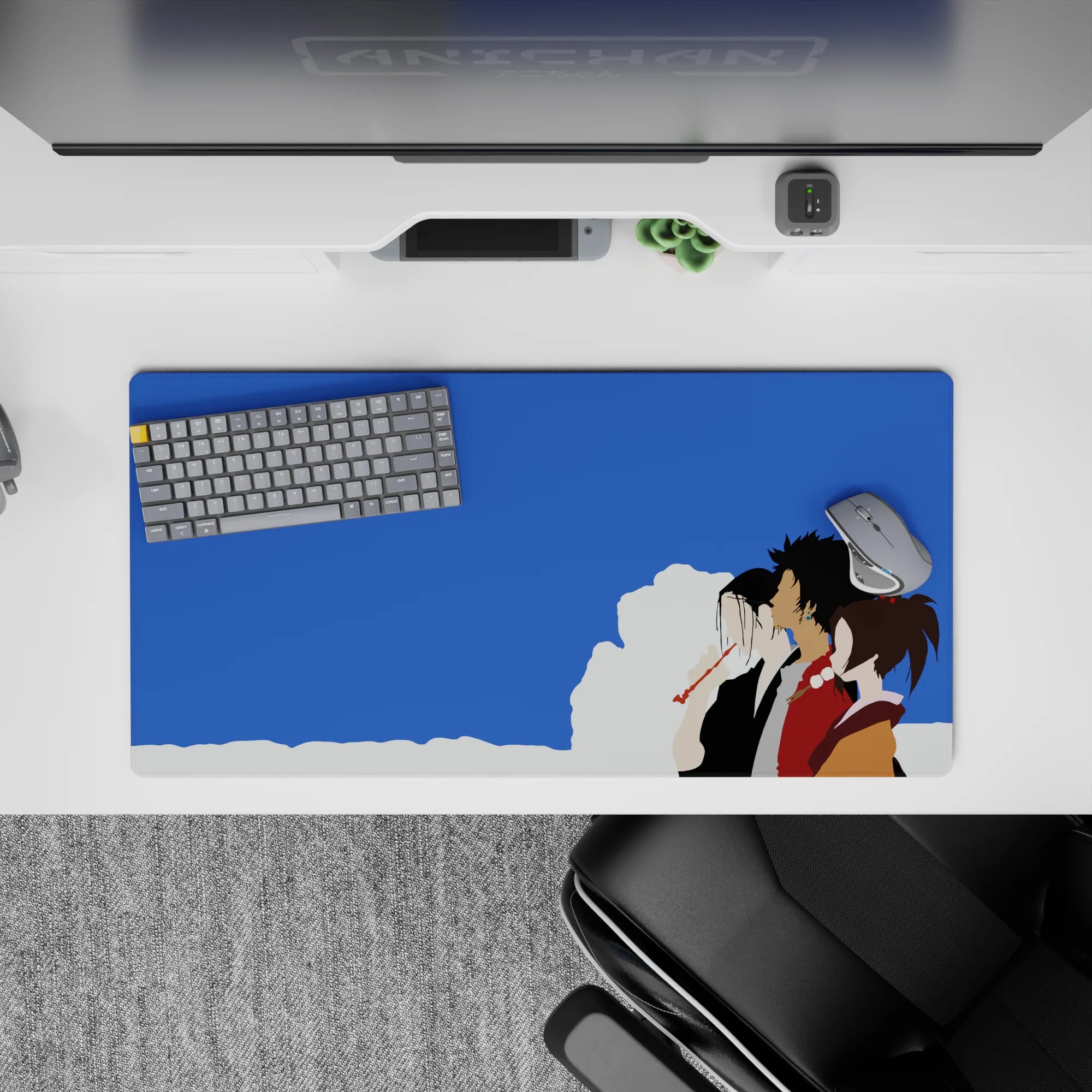 Samurai Champloo mouse pad featuring Mugen, Jin, and Fuu in a minimal 32x16 inch design with blue skies and clouds.