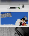 Samurai Champloo mouse pad featuring Mugen, Jin, and Fuu in a minimal 32x16 inch design with blue skies and clouds.