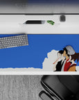 Anime mouse pad, 36x16 inches, featuring Mugen, Jin, and Fuu from Samurai Champloo in a serene, minimalistic scene.