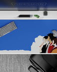 Samurai Champloo desk pad 40x20 inches featuring Mugen, Jin, and Fuu in a serene scene with blue skies and soft clouds.