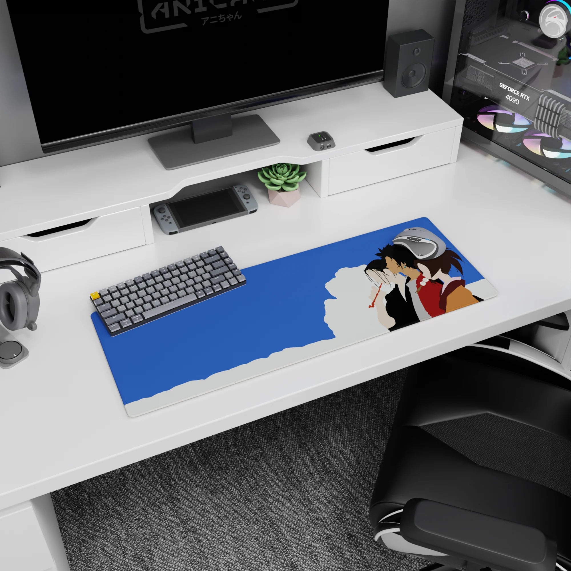 Samurai Champloo mouse pad featuring Mugen, Jin, and Fuu, 32x12 inches. Minimal design with blue skies and soft clouds.