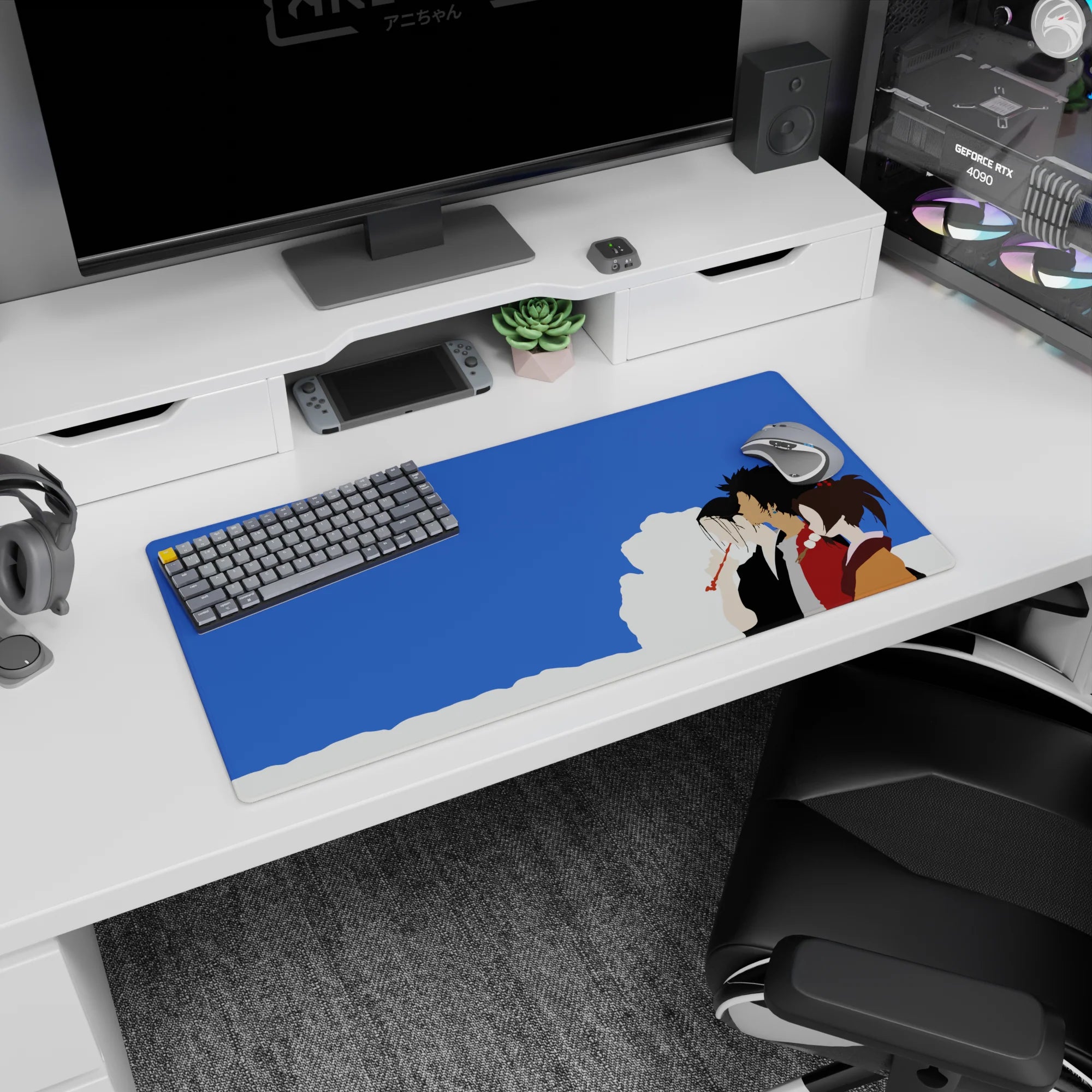 Samurai Champloo anime mouse pad, 32x16 inches, features Mugen, Jin, and Fuu in a minimal scene with blue skies and soft clouds.