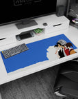 Samurai Champloo desk pad 36x16 inches featuring Mugen, Jin, and Fuu under blue skies, brings chill and samurai soul.
