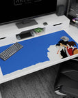 Samurai Champloo desk pad 40x20 inches featuring Mugen, Jin, and Fuu under blue skies, minimalistic anime style.