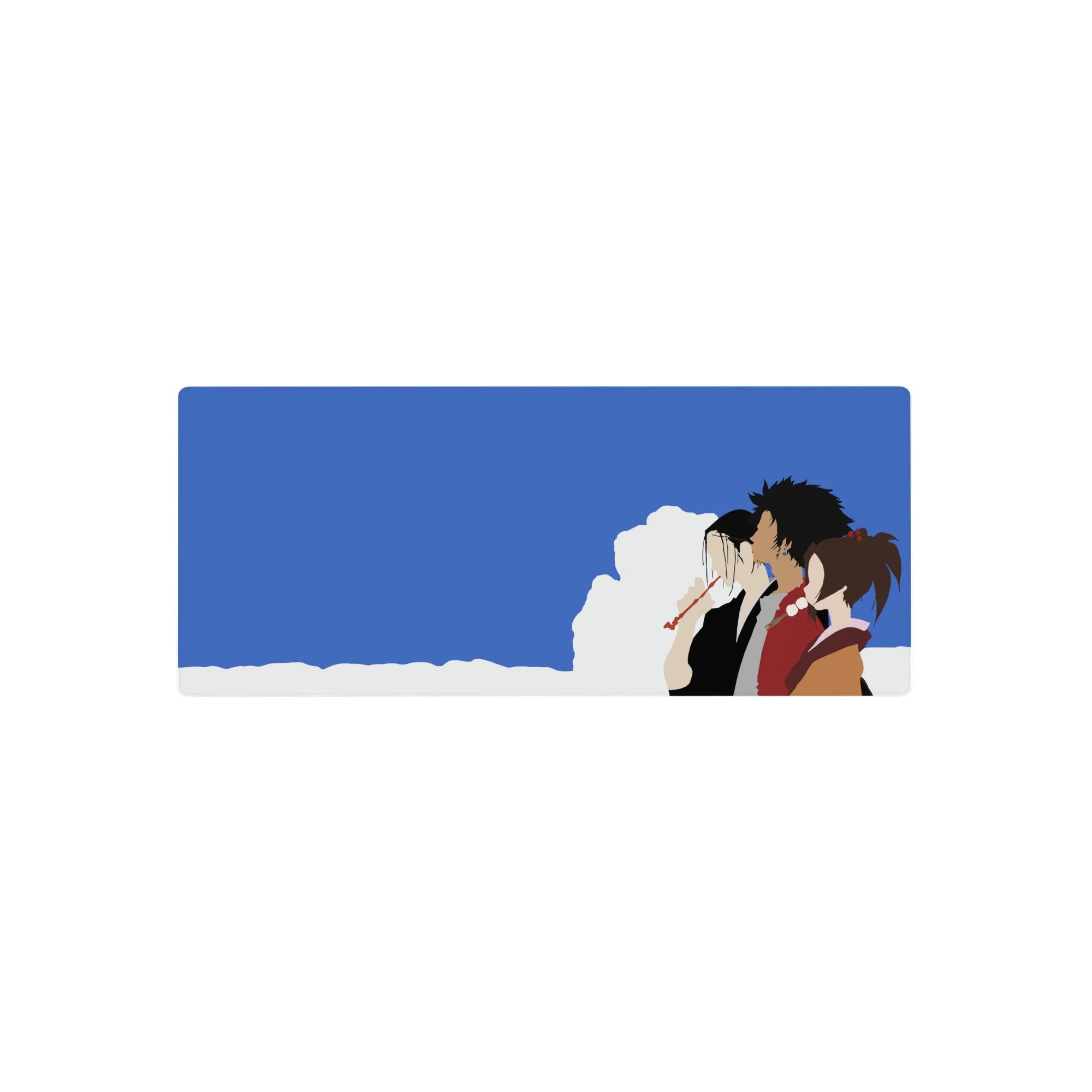 Anime mouse pad 28x12 inches featuring Mugen, Jin, and Fuu from Samurai Champloo in a minimal, vibrant design.