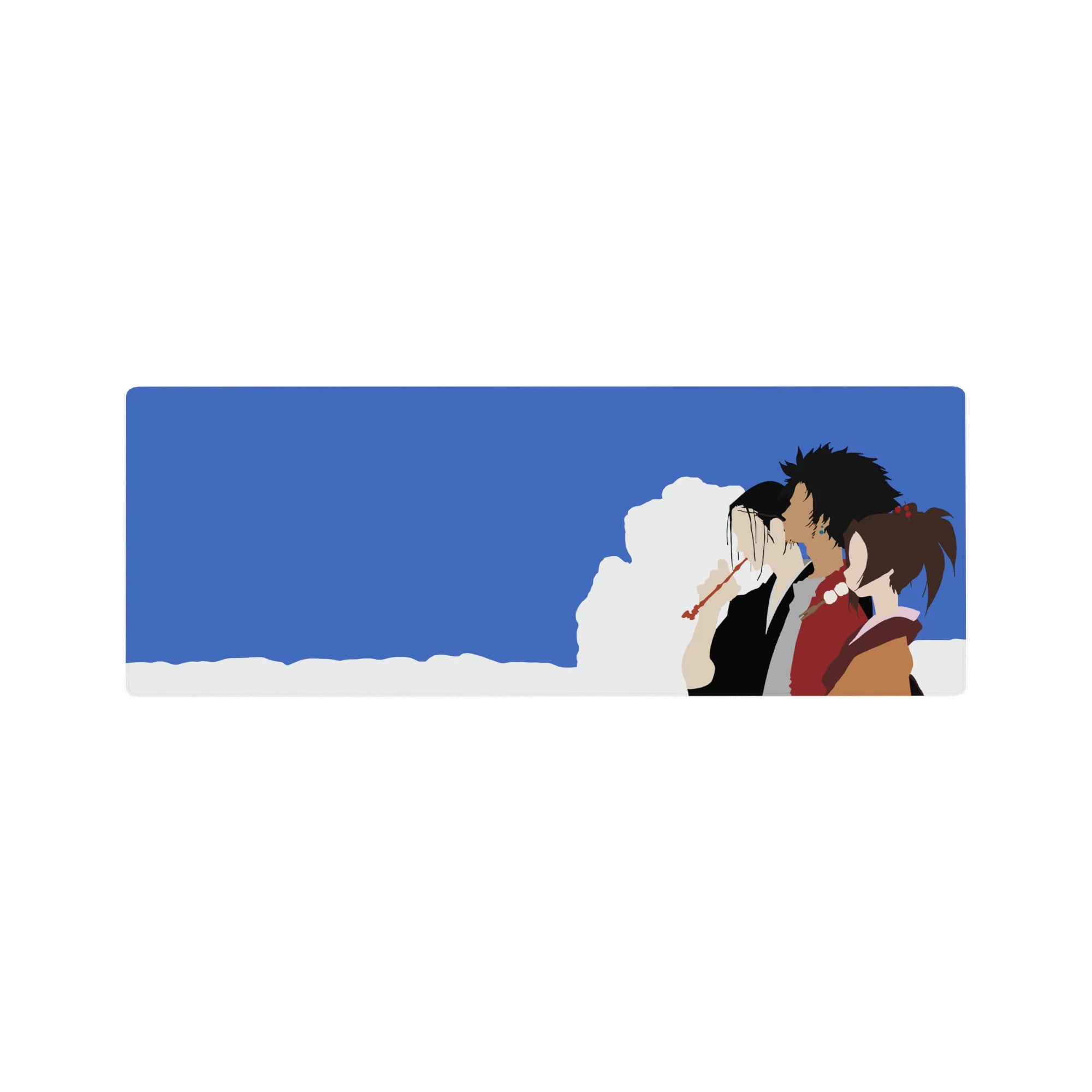 Anime mouse pad featuring Mugen, Jin, and Fuu from Samurai Champloo, size 32x12 inches, with blue skies and soft clouds.