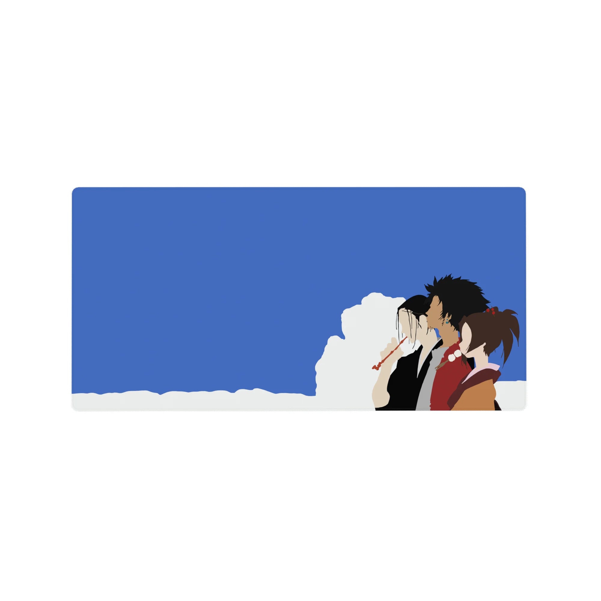 Samurai Champloo mouse pad 32x16 inches featuring Mugen, Jin, and Fuu against blue skies and clouds, minimal and vibrant.