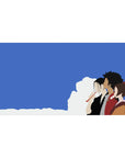 Samurai Champloo desk pad 40x20 inches featuring Mugen, Jin, and Fuu in a minimal scene with blue skies and soft clouds.