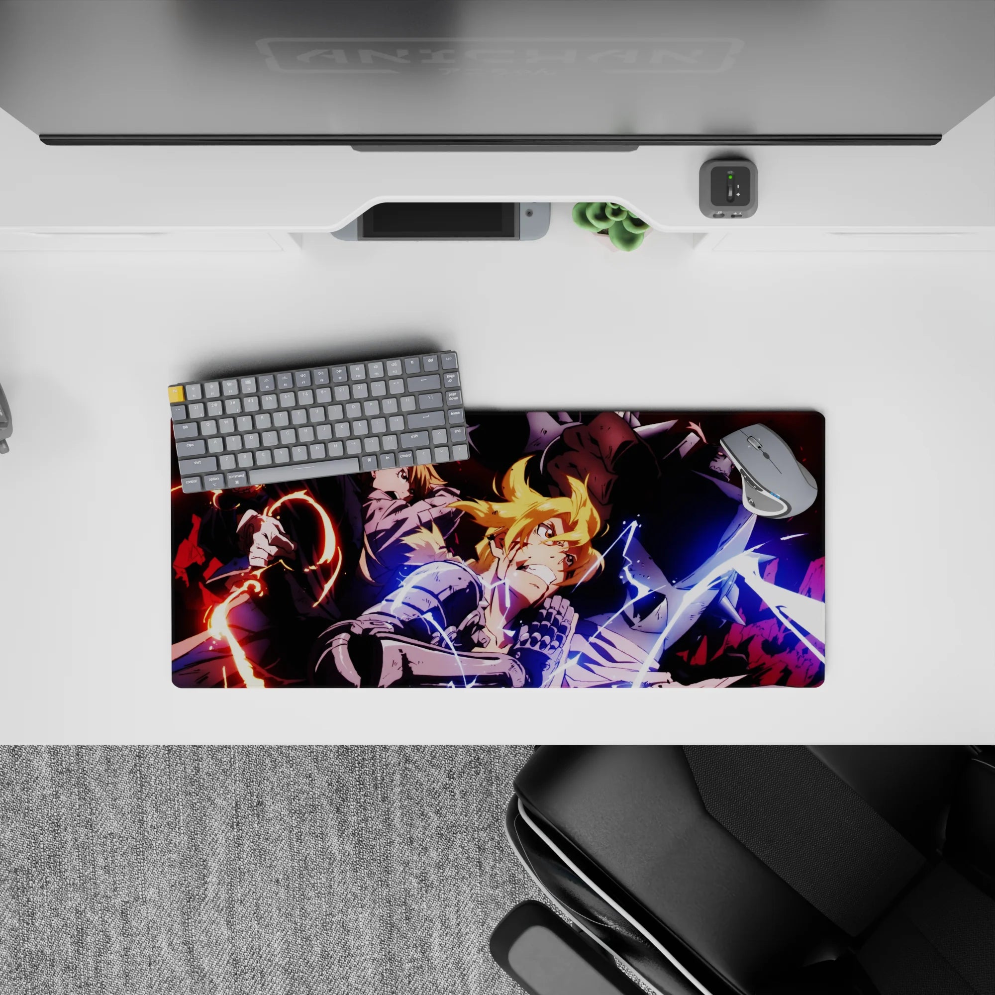 Anime mouse pad 28x12 inches with red shadows, blue lightning, and an intense battle-ready mood.