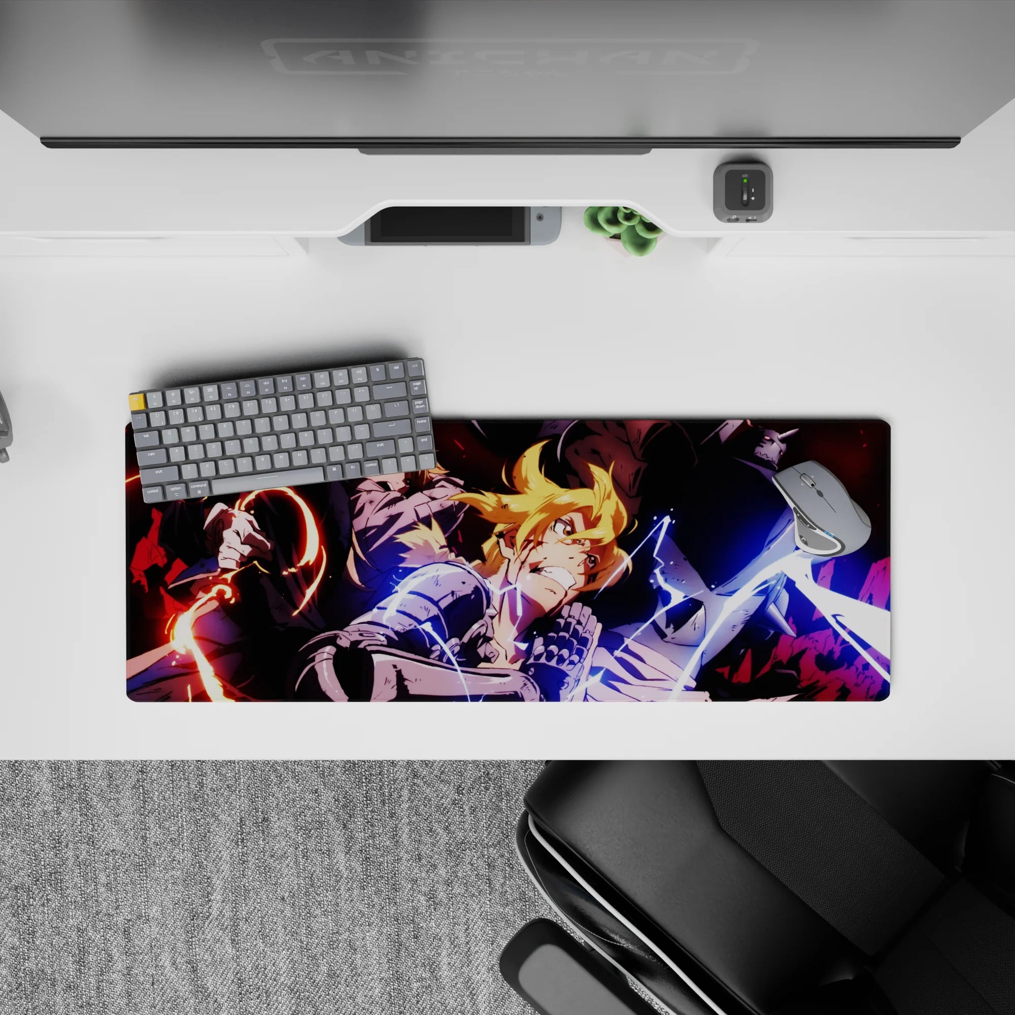 Anime mouse pad 32x12 inches with red shadows, blue lightning, and intense Fullmetal Alchemist energy.