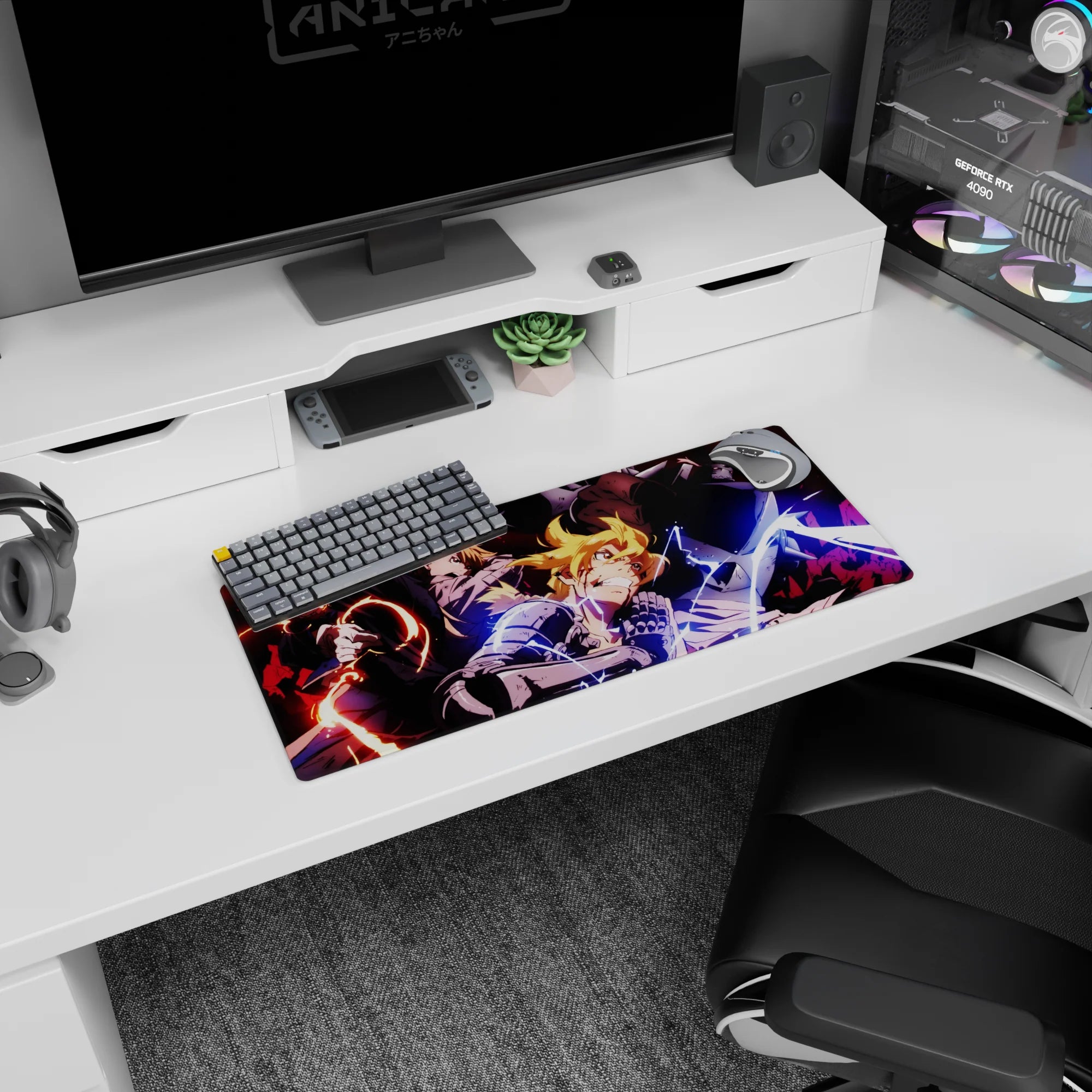 Edward, Alphonse, and Roy anime mouse pad 28x12 inches in a fiery action scene.