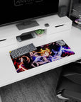 Edward, Alphonse, and Roy anime mouse pad 28x12 inches in a fiery action scene.