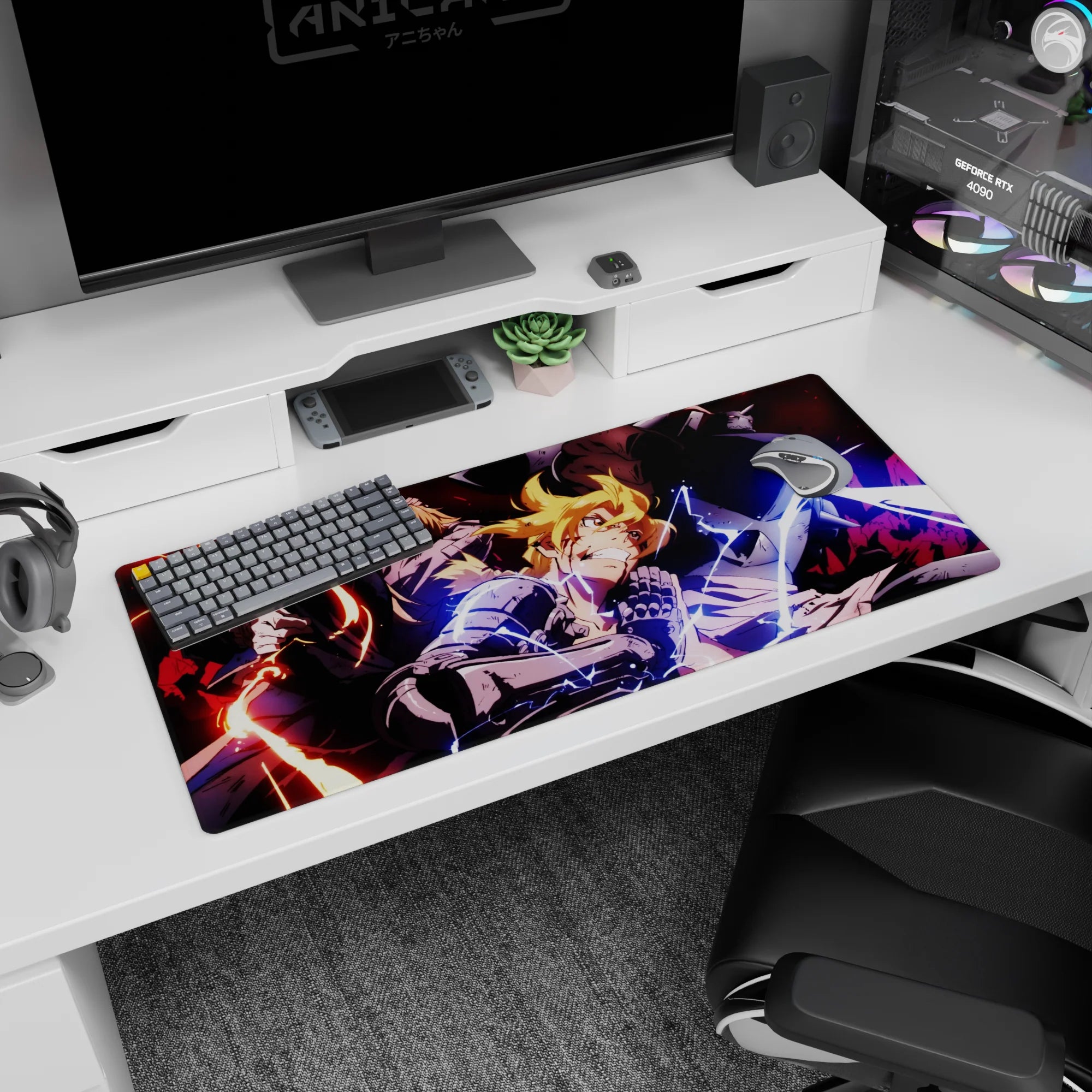 Edward and Alphonse with Roy on a 36x16 inches anime desk pad, featuring armor, flames, and action.