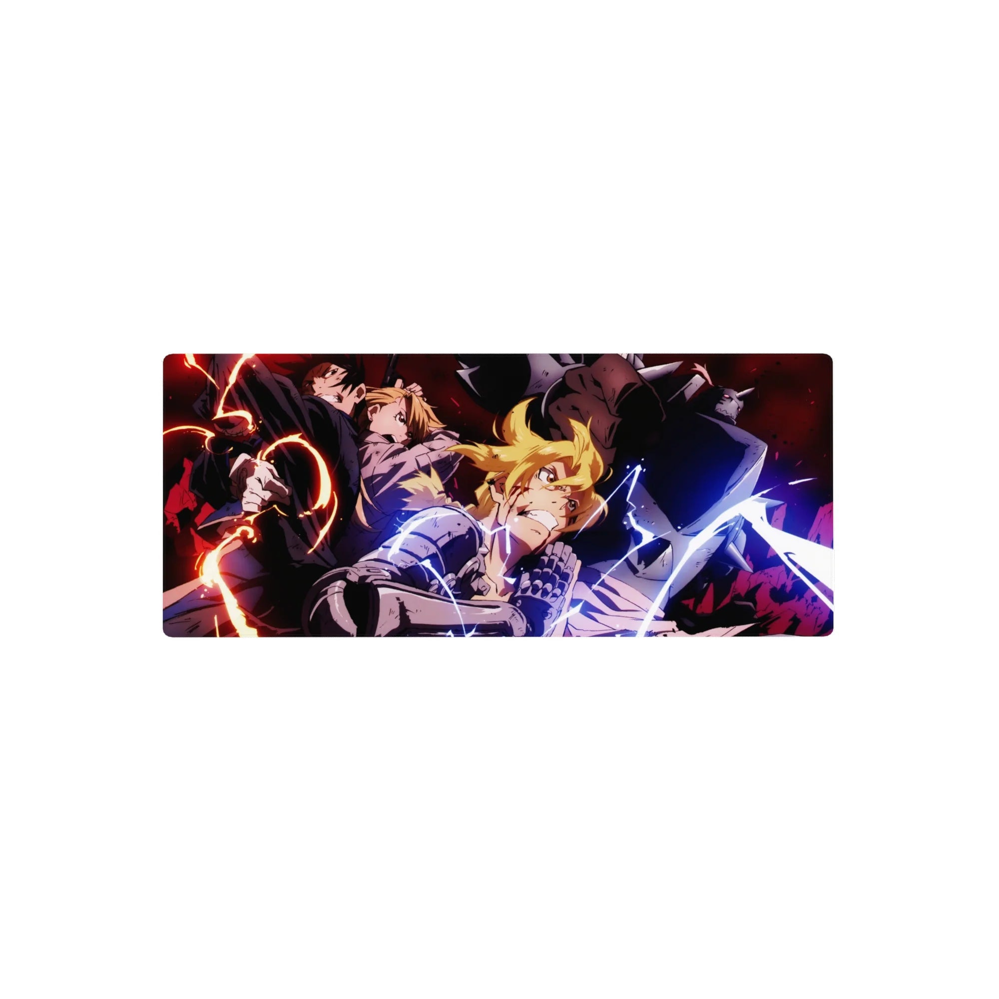 Fullmetal Alchemist anime mouse pad, 28x12 inches, with dynamic battle art and metallic detail.