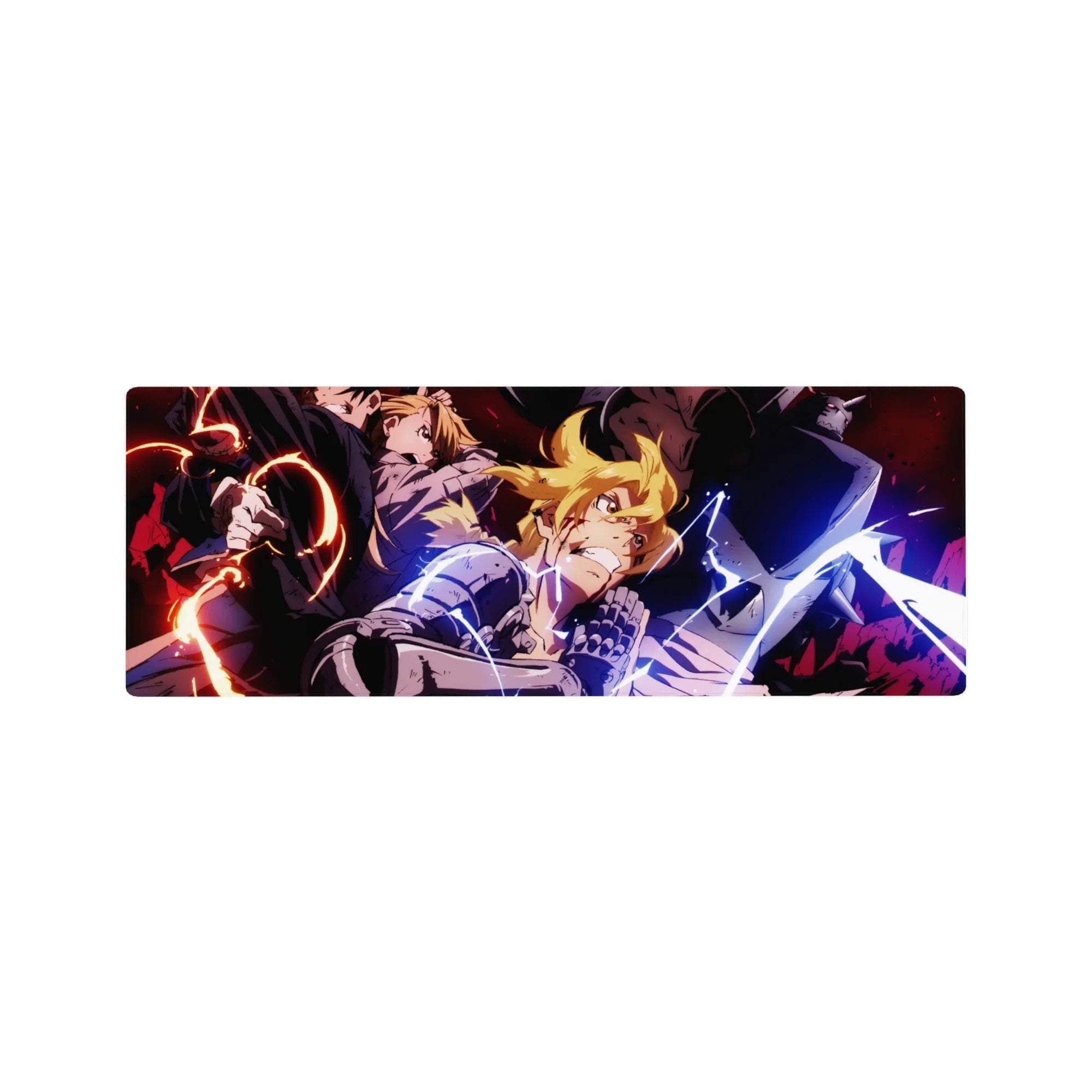 Fullmetal Alchemist anime mouse pad, 32x12 inches, with Edward, Alphonse, Roy, and battle-ready art.