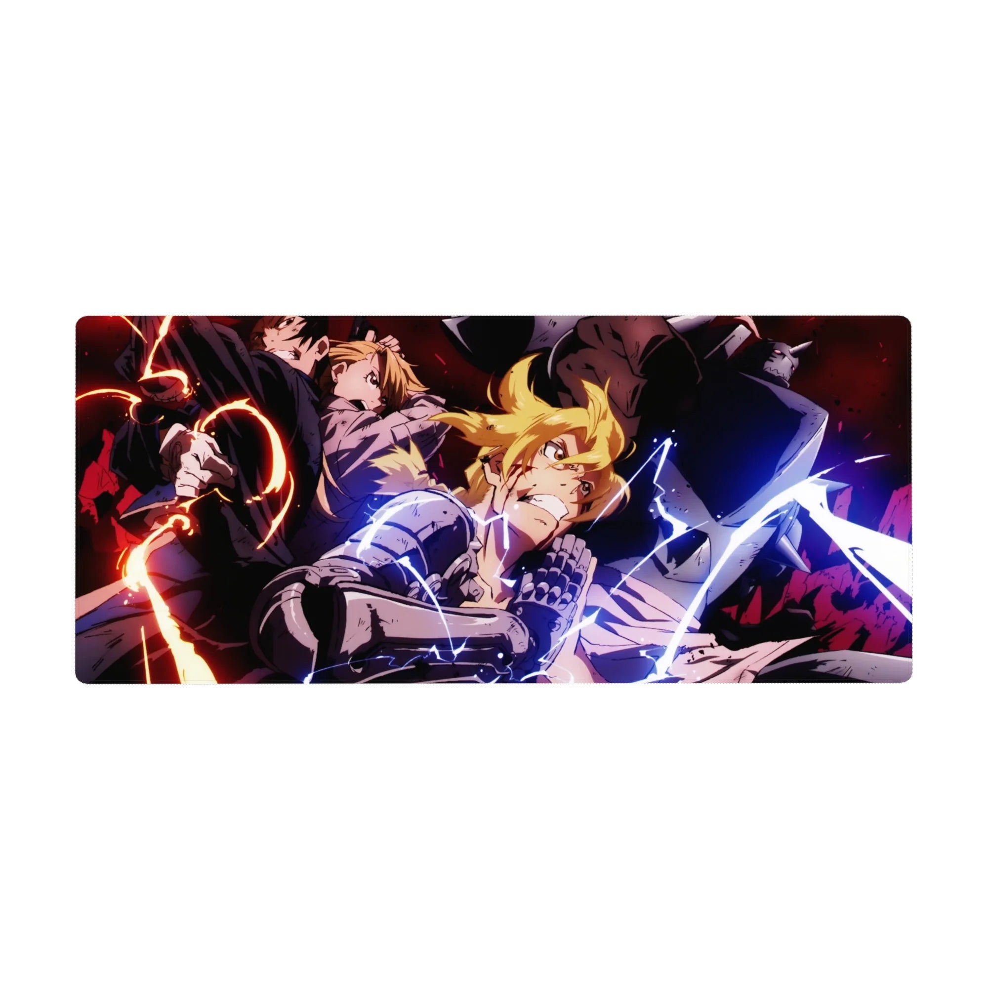 Fullmetal Alchemist anime desk pad 36x16 inches with Edward, Alphonse, and Roy in a battle scene.