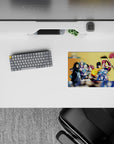 Warm gold background anime mouse pad 14x10 inches with bold reds, blues, and steel tones.