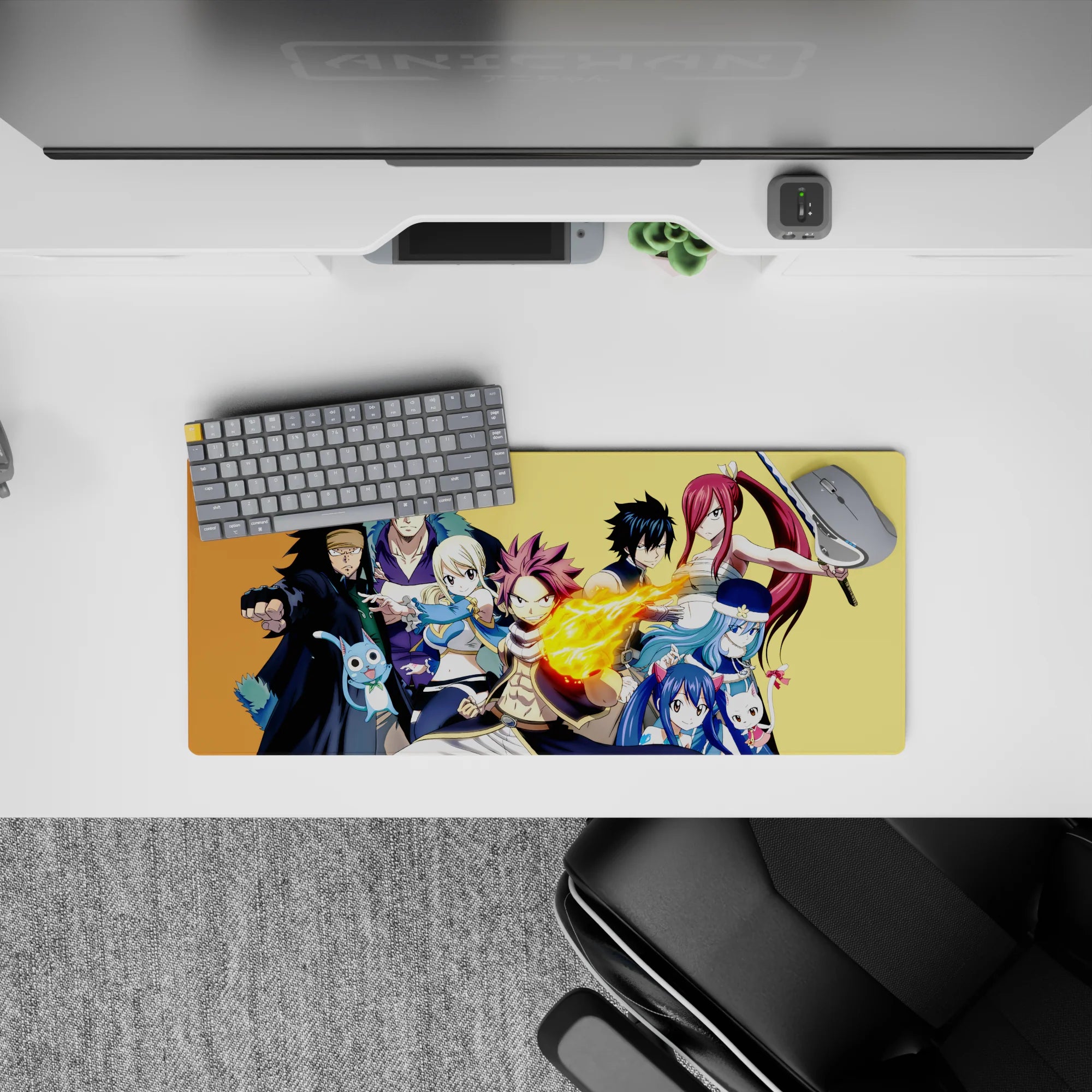 Warm gold background anime mouse pad with bold reds, blues and steel tones, 28x12 inches.