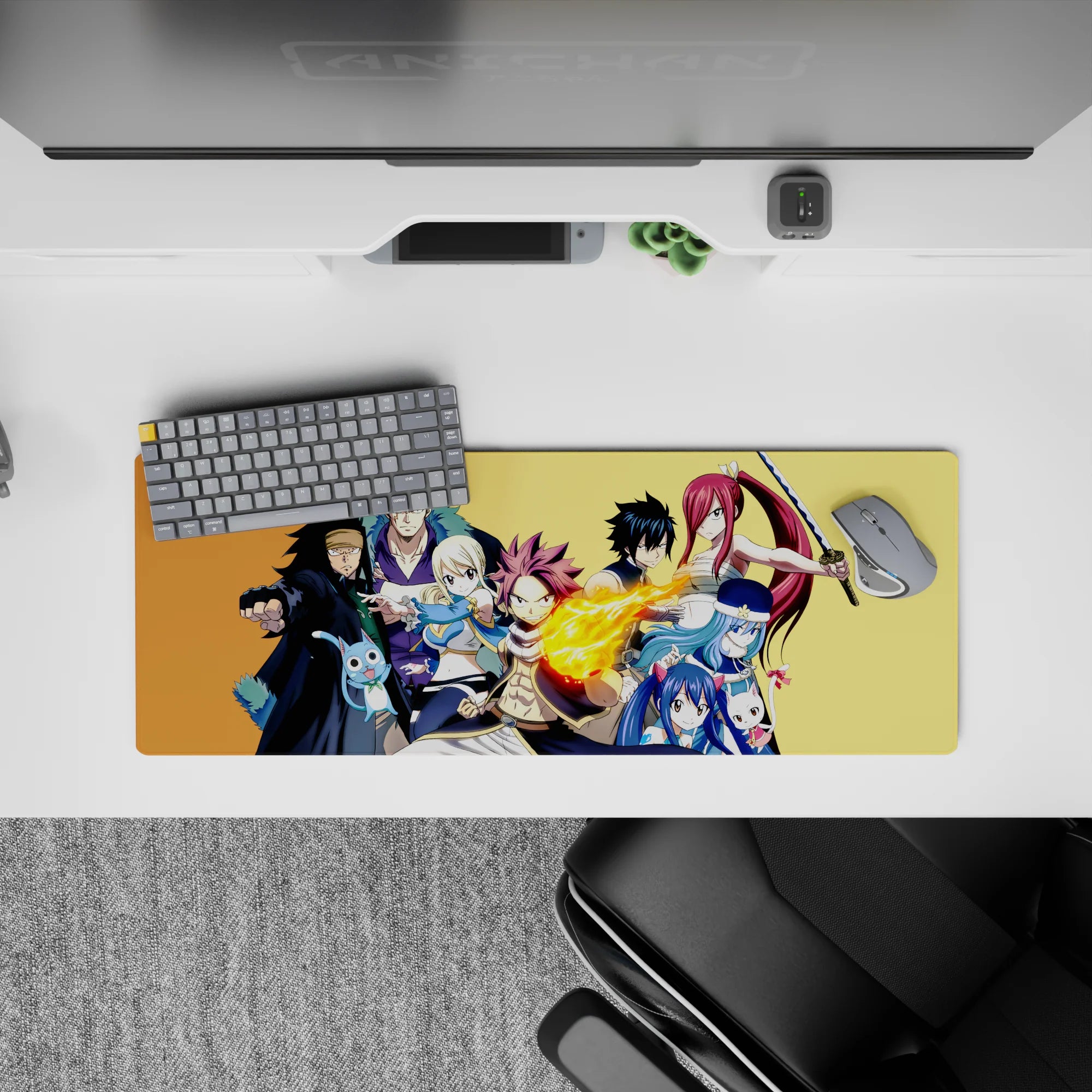 Warm gold background anime mouse pad 32x12 inches with bold reds, blues, and steel tones, high energy.