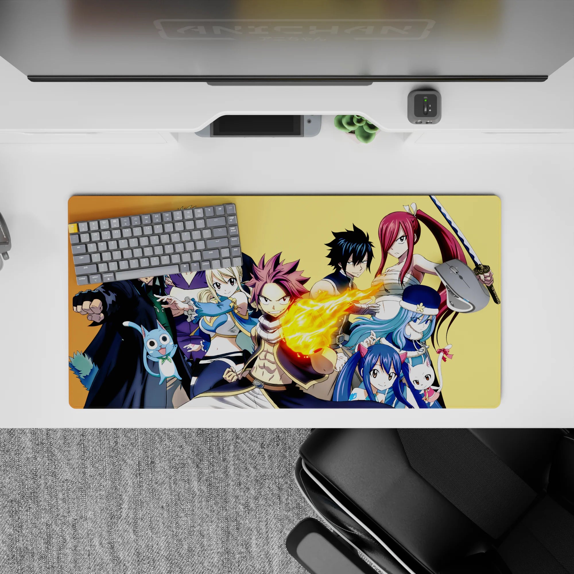 Warm gold background anime mouse pad 32x16 inches with vivid reds, blues, and steel tones, high energy.