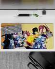 Warm gold background anime mouse pad 32x16 inches with vivid reds, blues, and steel tones, high energy.