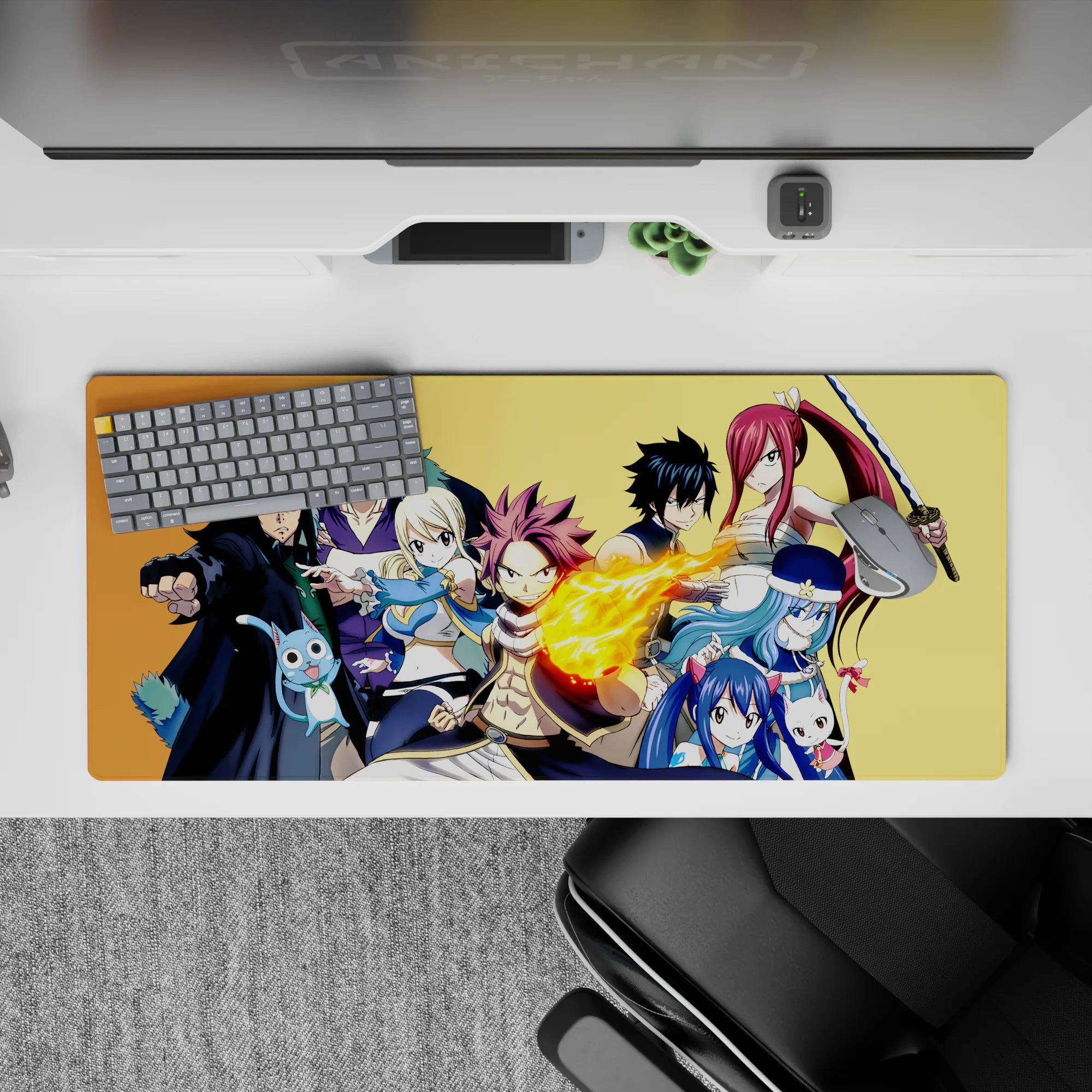 Gold background anime desk pad 36x16 inches with fiery reds, cool blues, and steel tones for hype gaming.