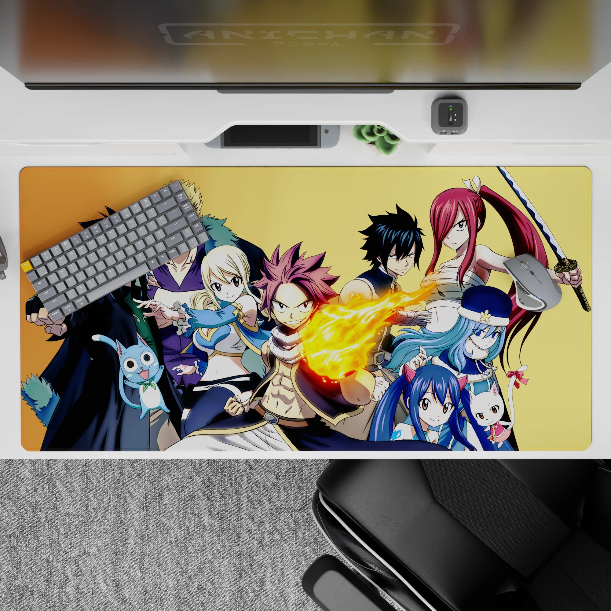 Warm gold background anime desk pad 40x20 inches with vivid reds, blues, and steel tones.