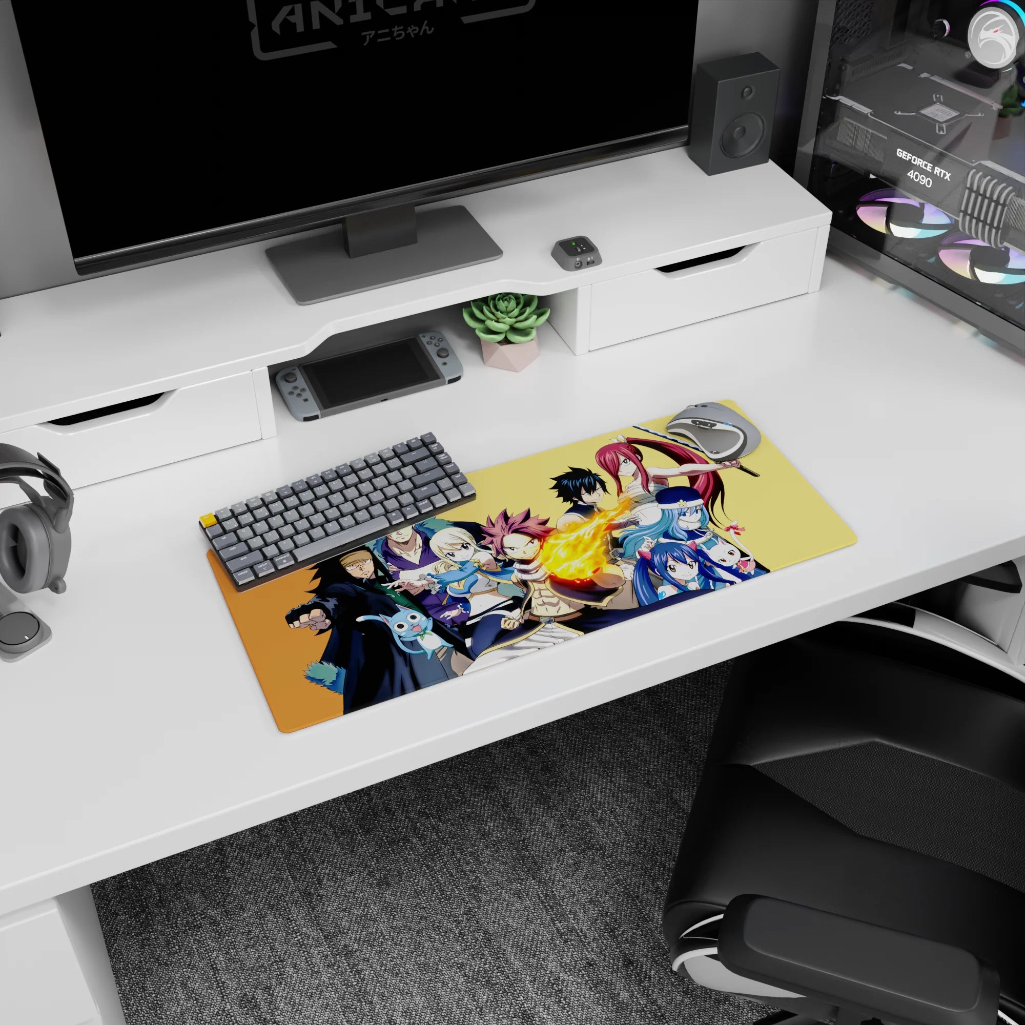 Natsu flame punch front and center with Lucy and Erza sword pose, anime mouse pad 28x12 inches.