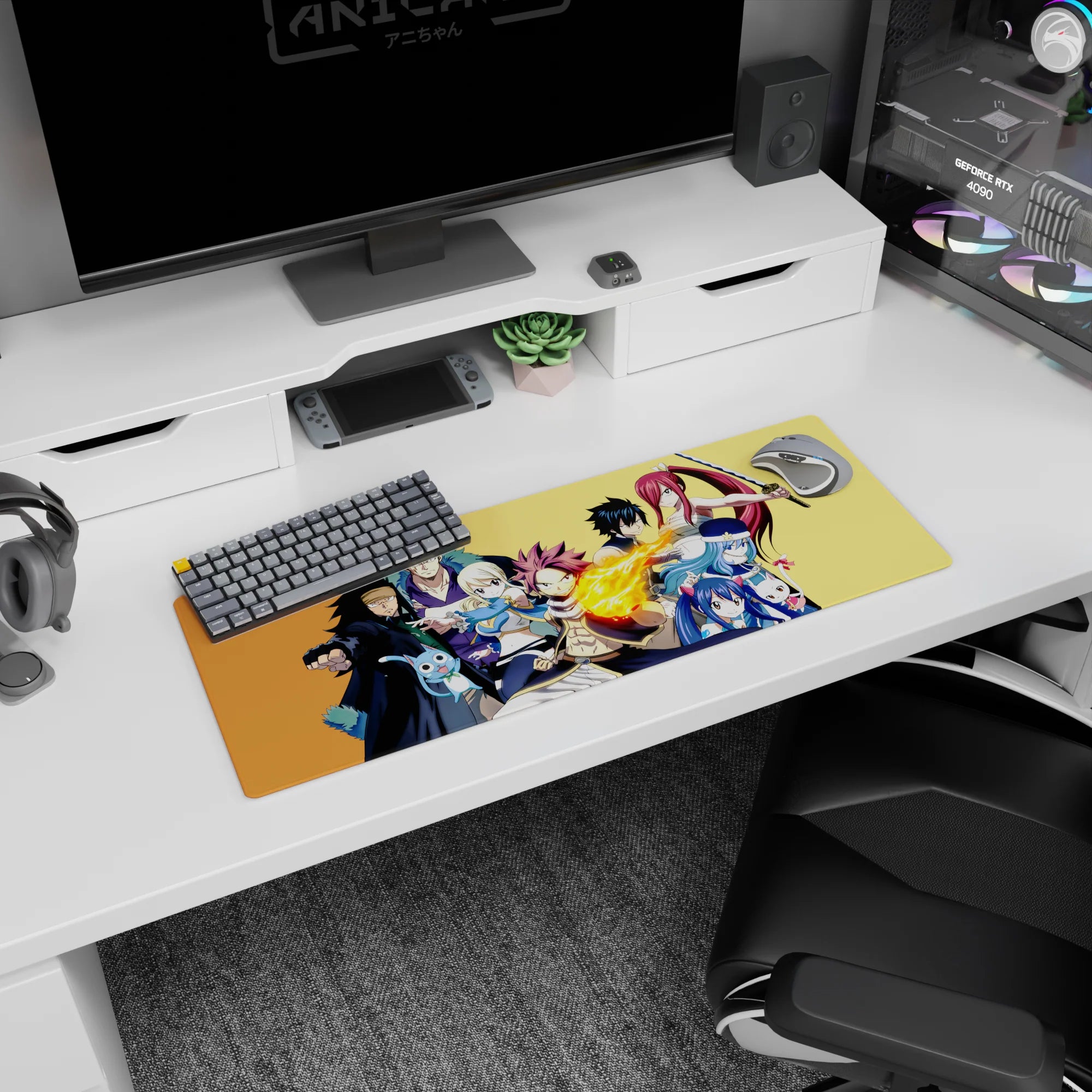 Natsu flame punch center scene on a 32x12 inches anime mouse pad, with Erza sword stance and Lucy beside.