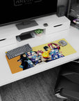 Natsu flame punch center scene on a 32x12 inches anime mouse pad, with Erza sword stance and Lucy beside.