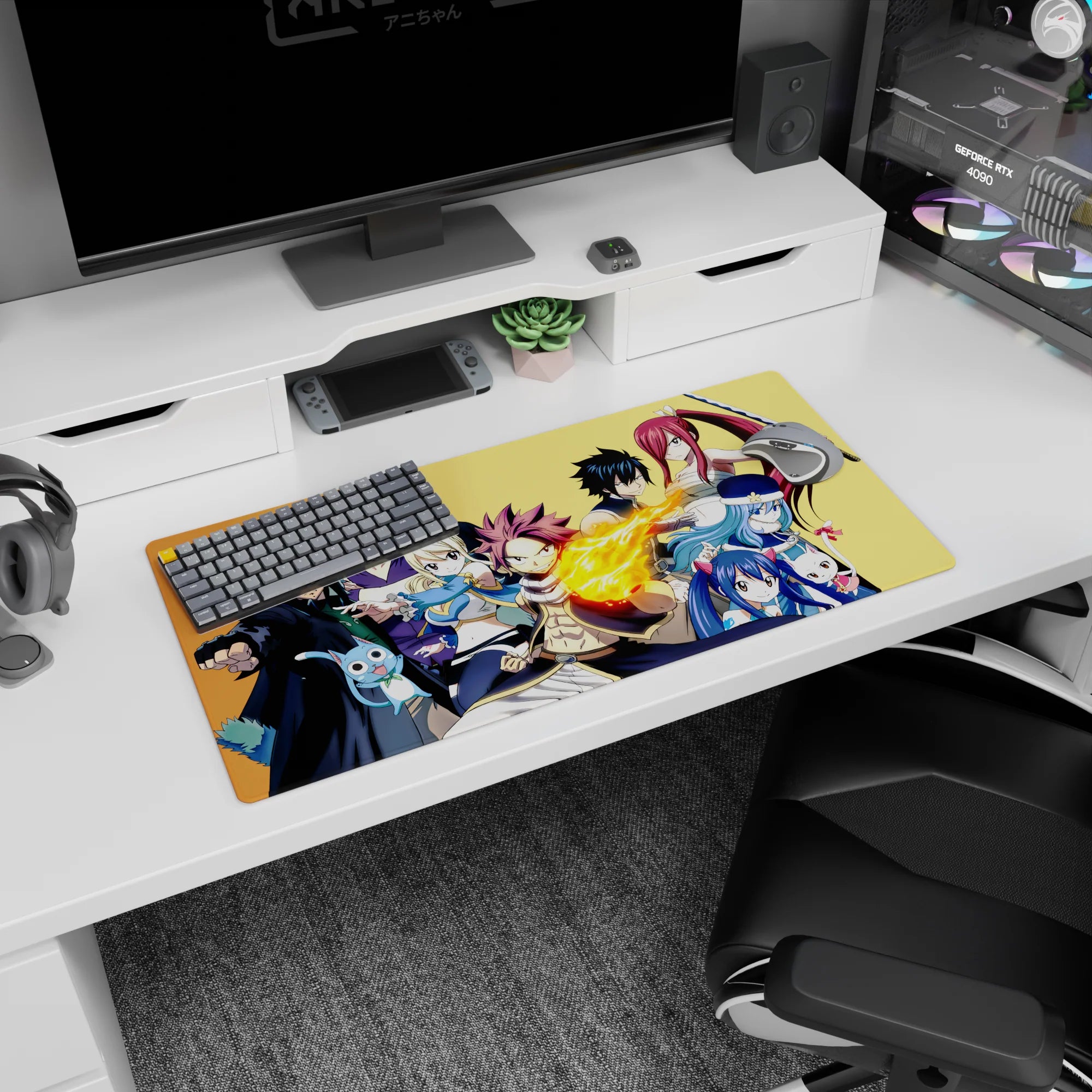 Natsu flame punch front and center anime mouse pad 32x16 inches with Lucy and Erza in fierce poses.