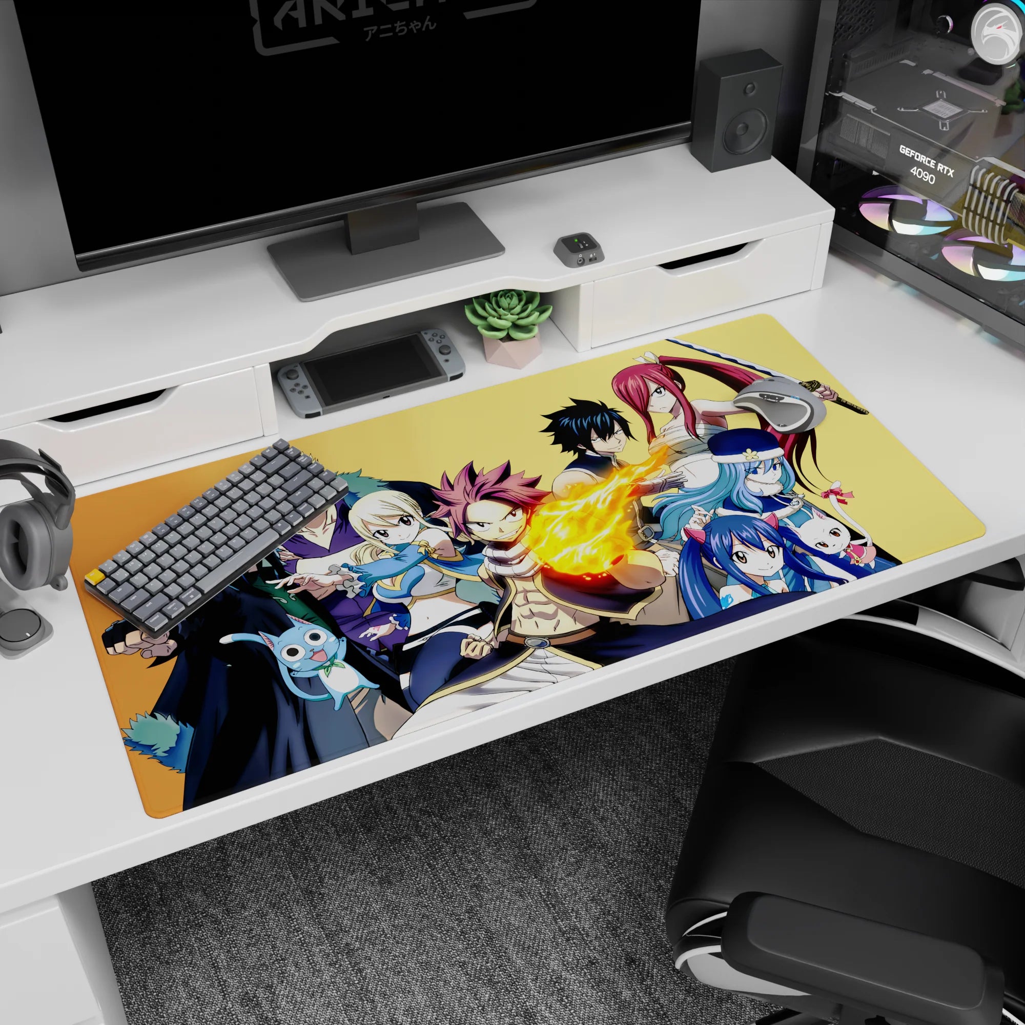 Natsu flame punch center scene on anime desk pad 40x20 inches with Lucy and Erza close by.