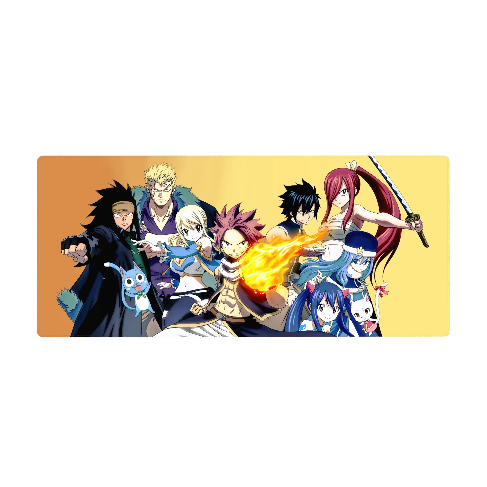 Fairy Tail anime desk pad 36x16 inches with Natsu, Lucy, Gray, Erza, Wendy, Gajeel and Happy lineup.