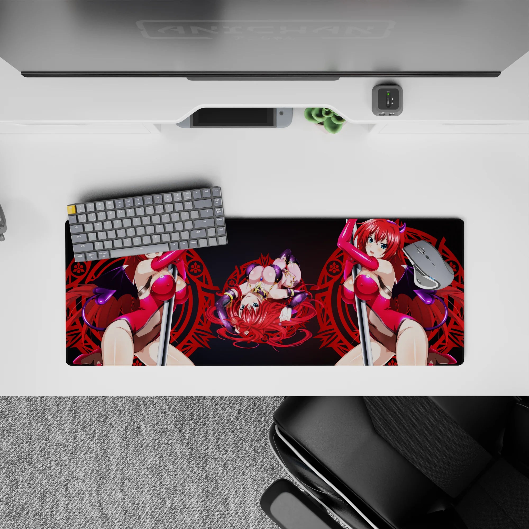 Rias Gremory anime mouse pad, 32x12 inches, featuring bold magenta tones, violet horns, and a red sigil backdrop from High School DxD.