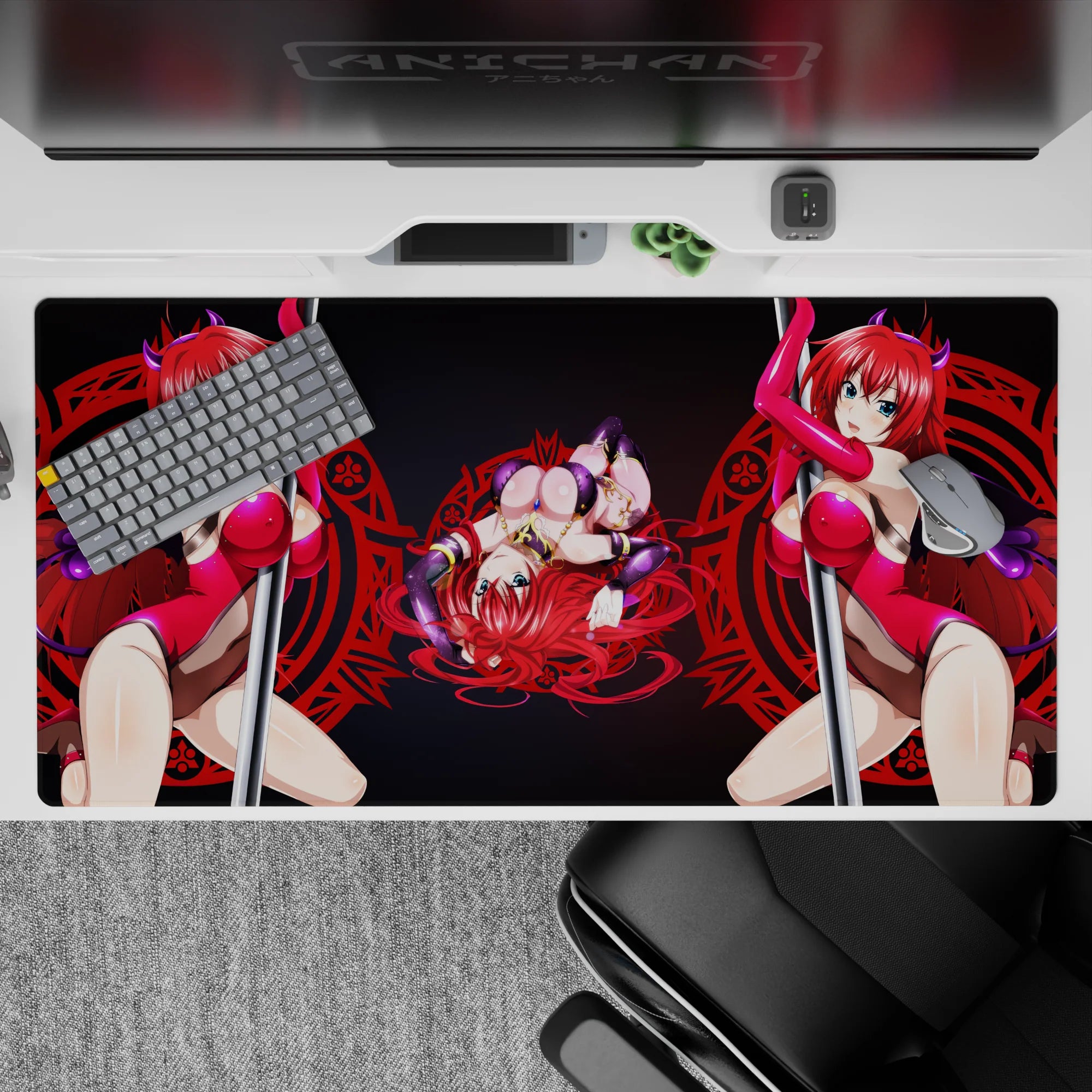 Rias Gremory anime desk pad 40x20 inches, showcases her in magenta with violet horns and a red sigil, perfect for High School DxD fans.