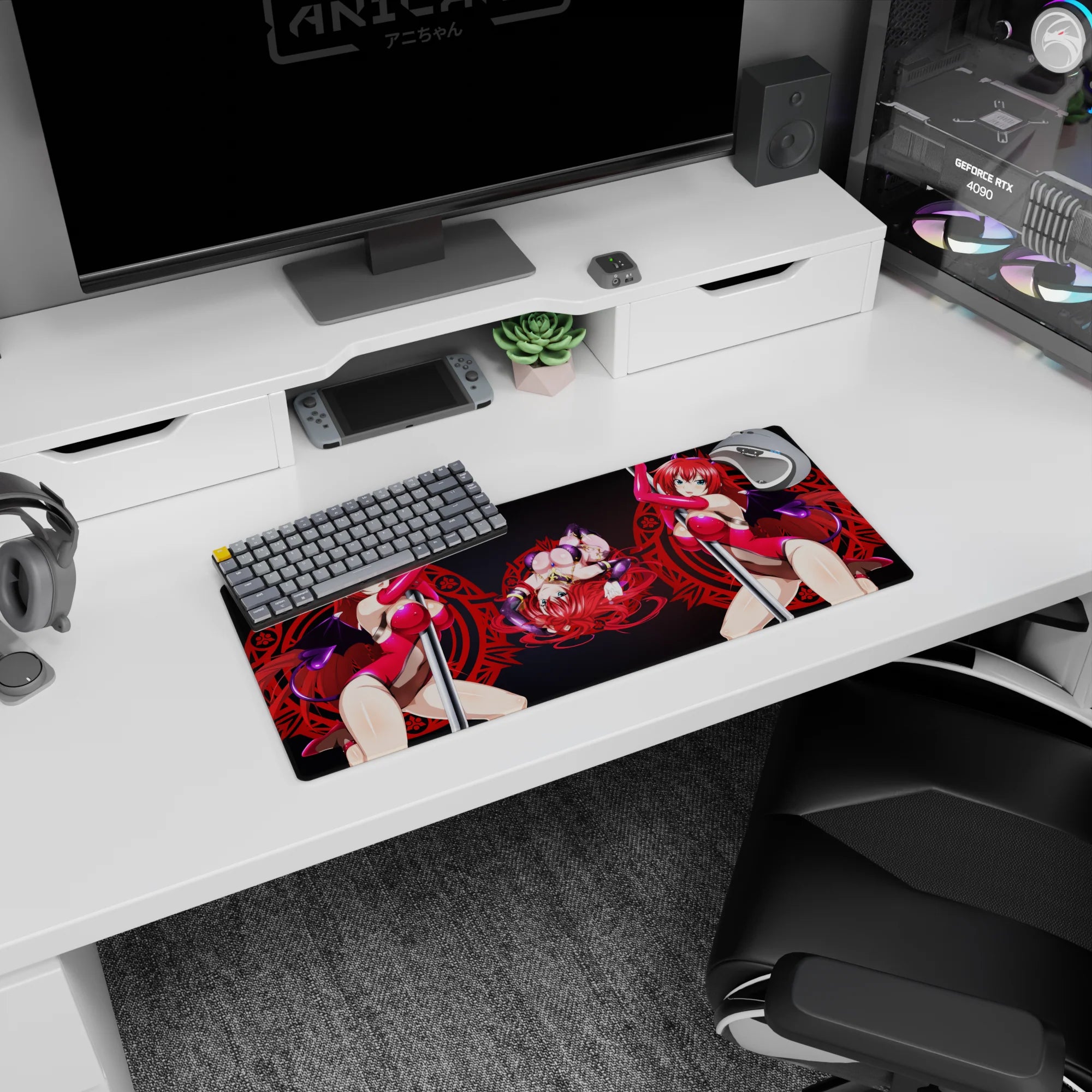 Rias Gremory anime mouse pad, 28x12 inches, features magenta tones, violet horns, and a red sigil backdrop for High School DxD fans.