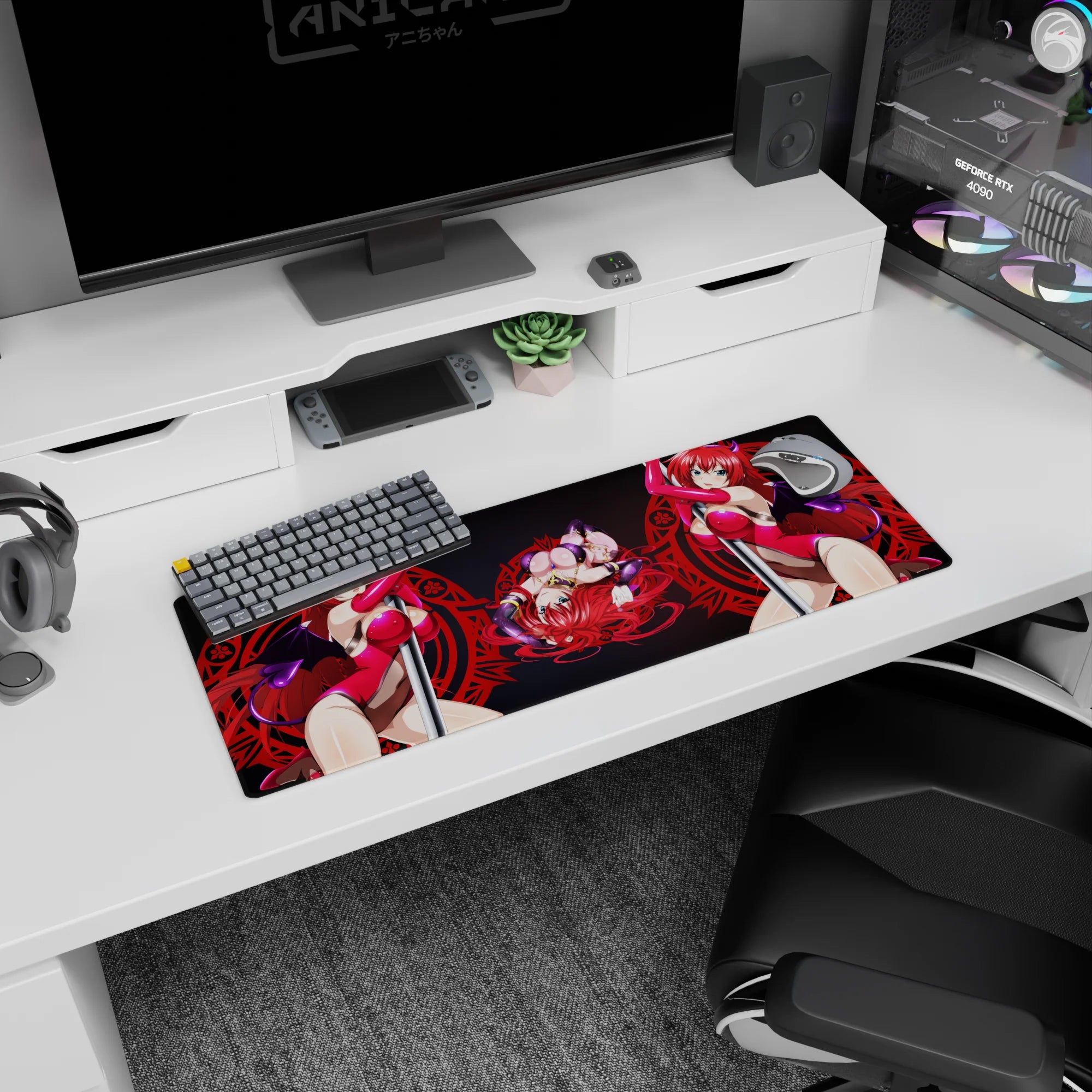 Anime mouse pad featuring Rias Gremory from High School DxD, 32x12 inches, with magenta and red sigil design.