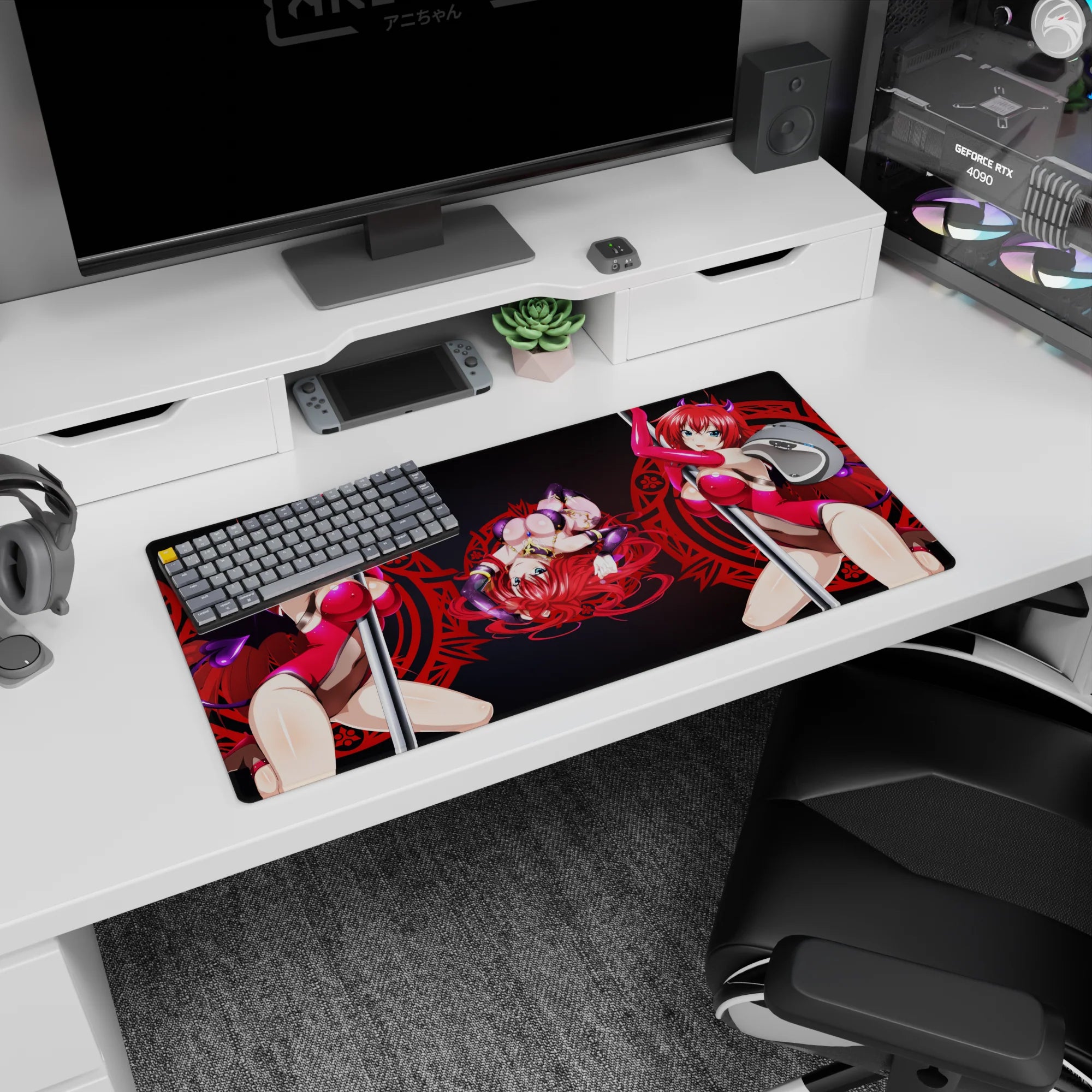 Mouse pad featuring Rias Gremory from High School DxD, 32x16 inches, in magenta and pink latex with a red sigil backdrop.