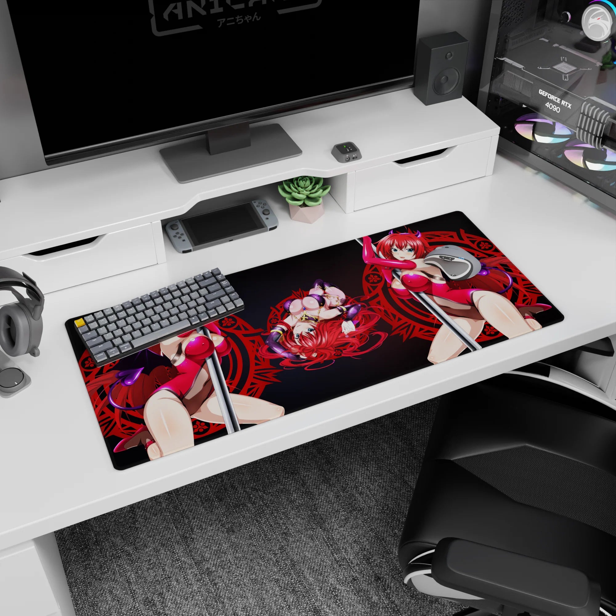 Anime desk pad 36x16 inches featuring Rias Gremory in magenta with violet horns and blue eyes from High School DxD.