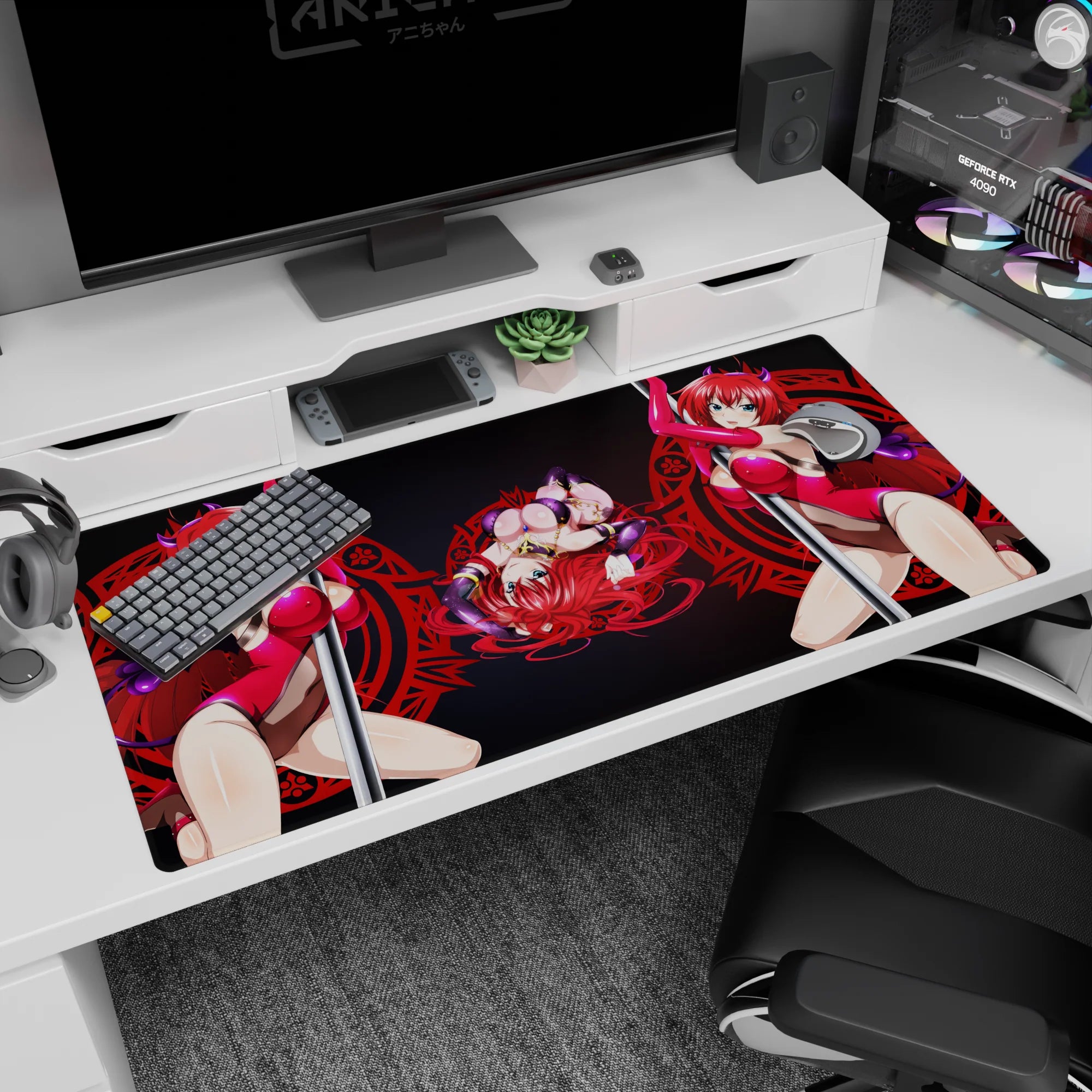 Anime desk pad 40x20 inches featuring Rias Gremory from High School DxD in magenta with a red sigil backdrop.