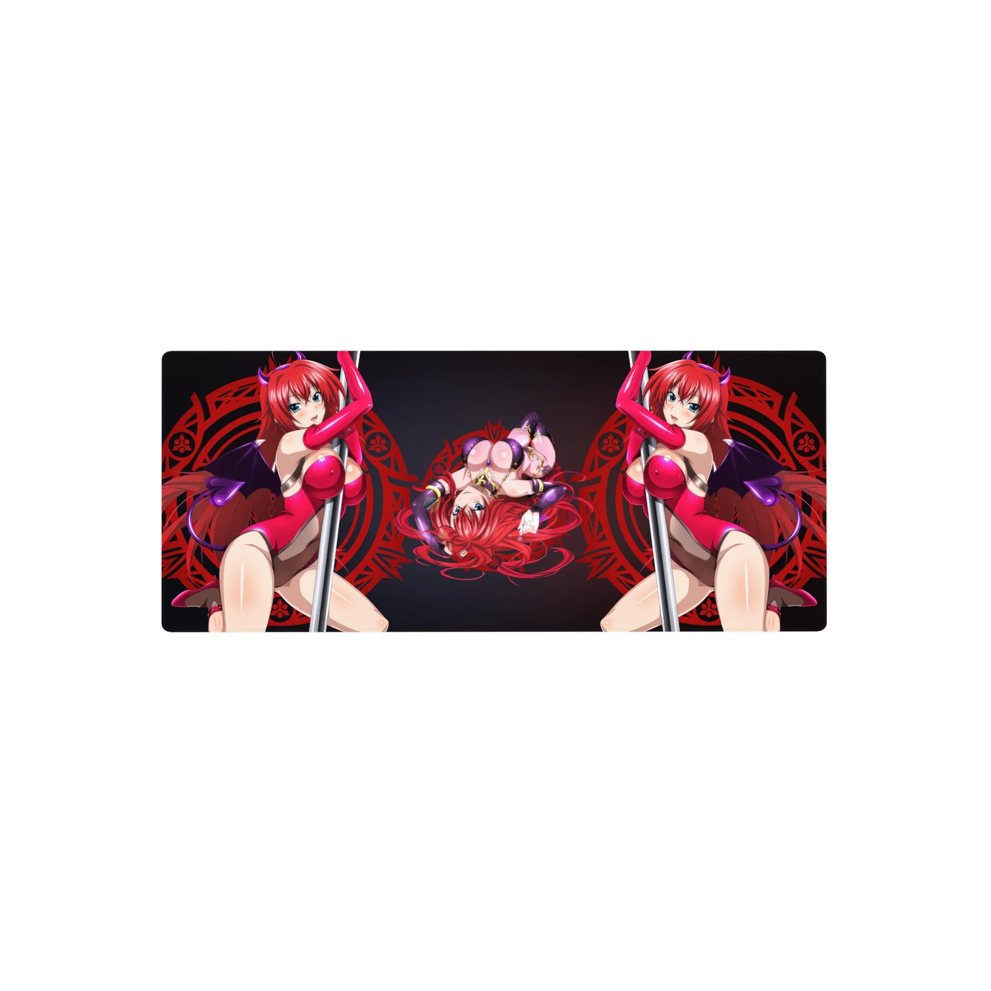 Rias Gremory anime mouse pad, 28x12 inches, in magenta with violet horns and blue eyes. High School DxD themed.