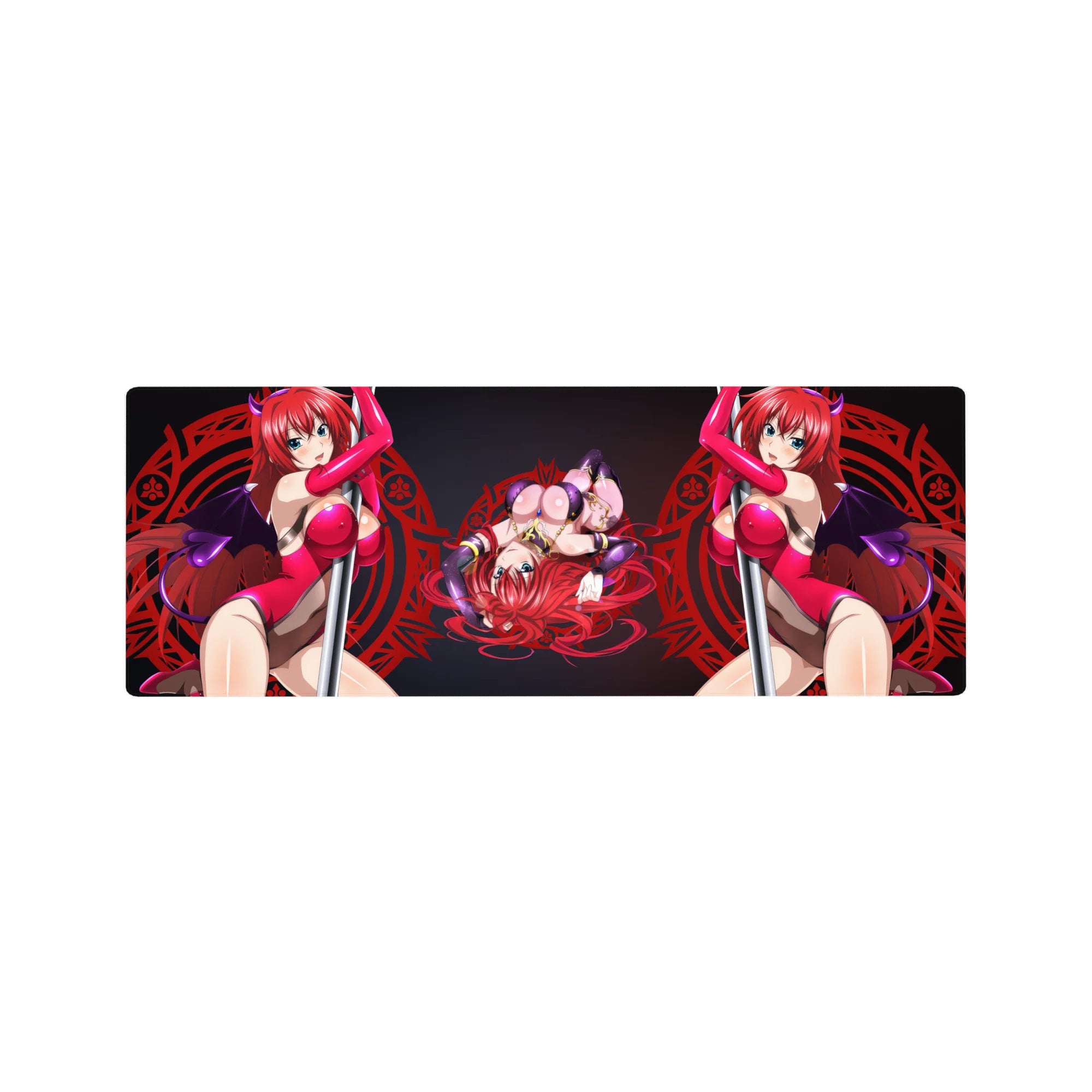 Rias Gremory from High School DxD on 32x12 inch mouse pad, magenta and violet hues with red sigil backdrop, mischievous style.