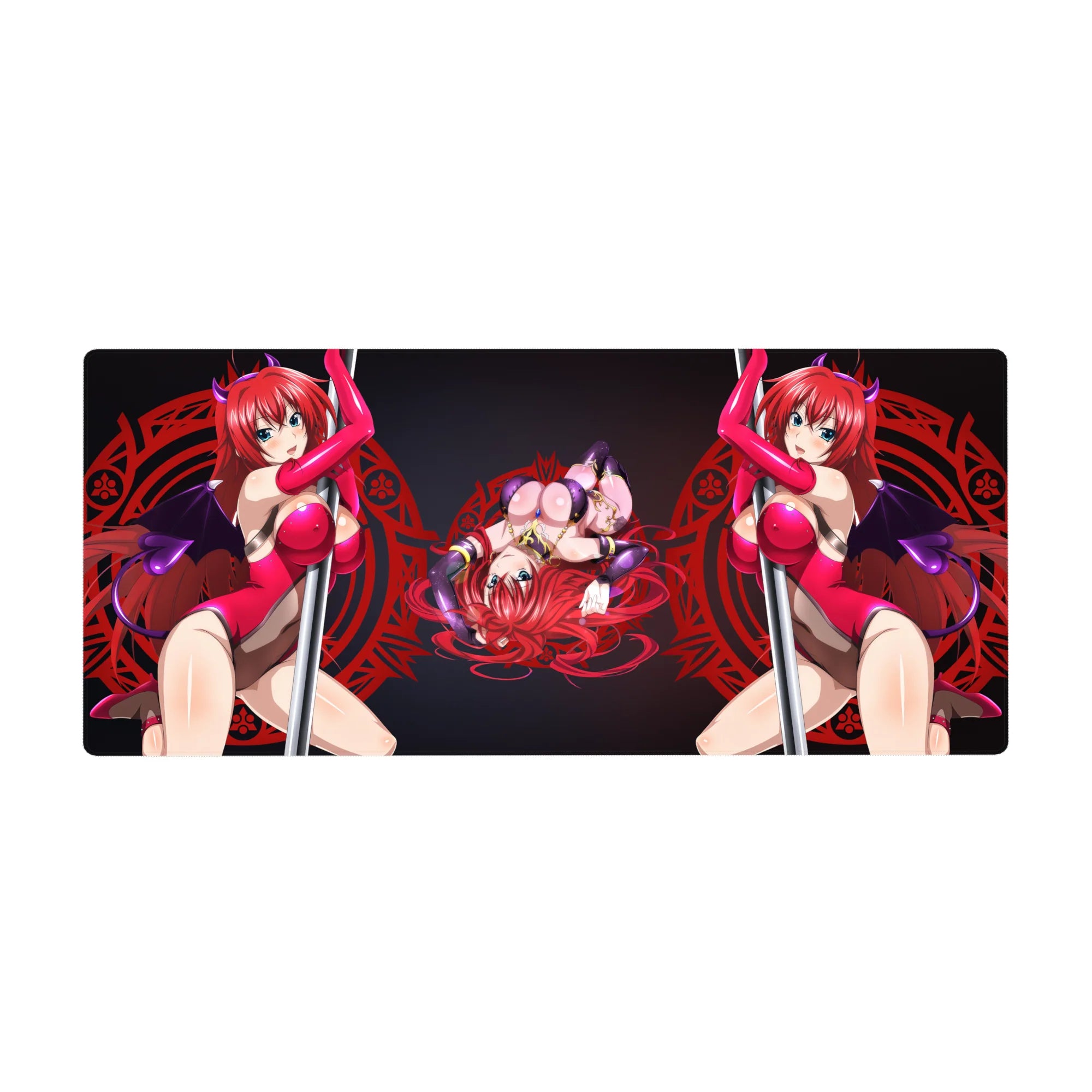 Rias Gremory anime mouse pad, 36x16 inches, featuring magenta hues, violet horns, and a red sigil backdrop from High School DxD.