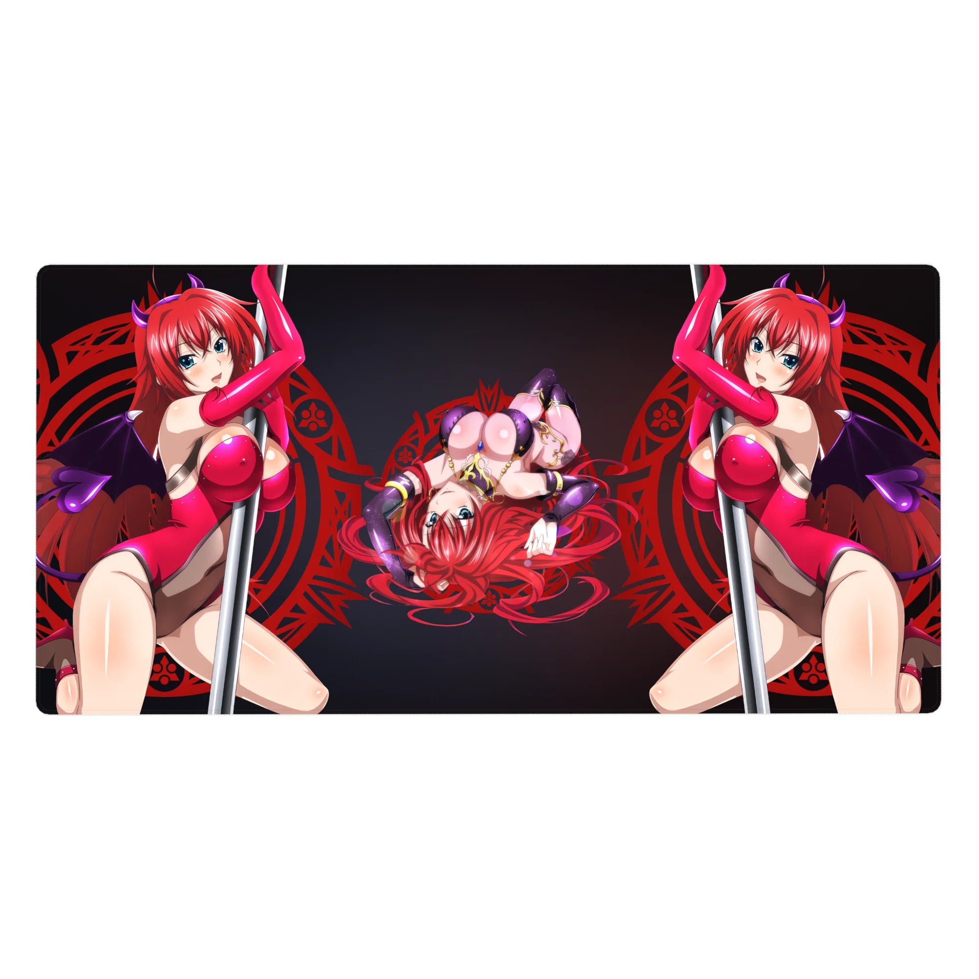 Desk pad featuring Rias Gremory from High School DxD, 40x20 inches, magenta theme with red sigil backdrop.