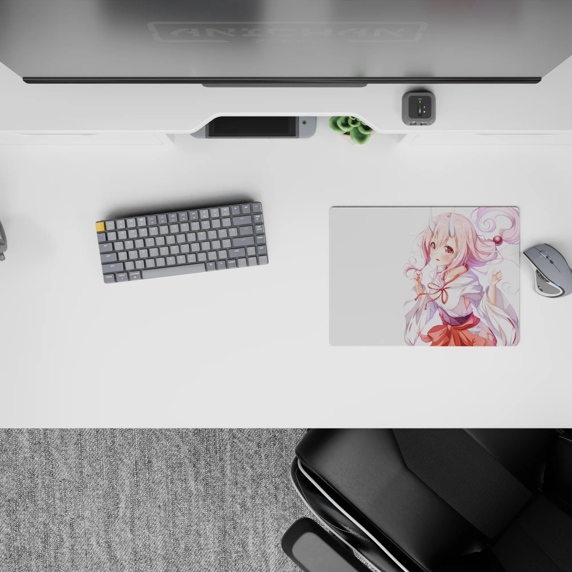 Pastel pink and coral anime mouse pad 14x10 inches, sweet cozy vibe with rosy eyes on a clean white backdrop.