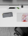Pastel pink and coral anime mouse pad 14x10 inches, sweet cozy vibe with rosy eyes on a clean white backdrop.
