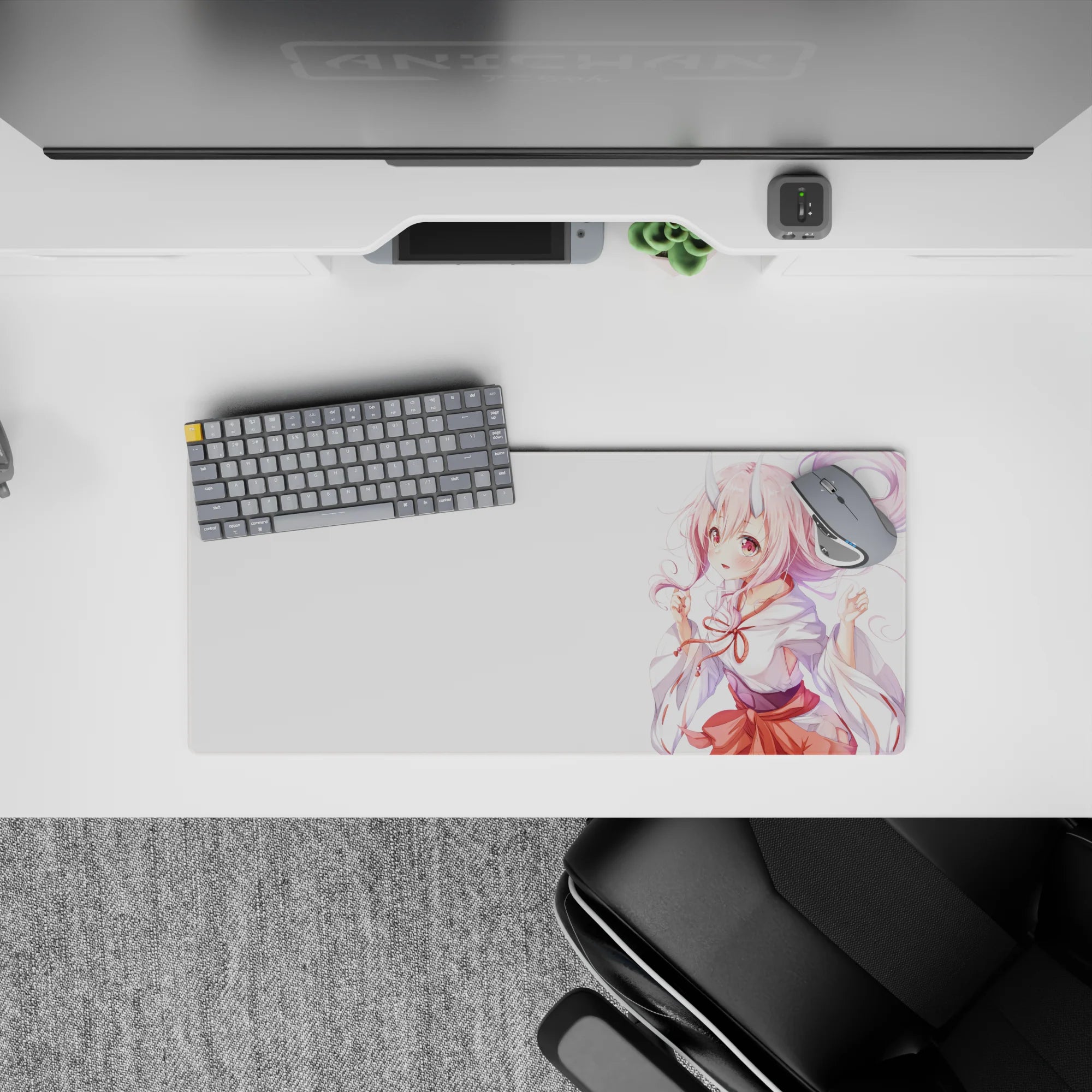 Pastel pink anime mouse pad 28x12 inches, candy-floss curls, rosy eyes, cozy cute desk aesthetic.