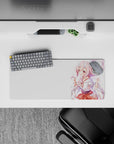 Pastel pink anime mouse pad 28x12 inches, candy-floss curls, rosy eyes, cozy cute desk aesthetic.